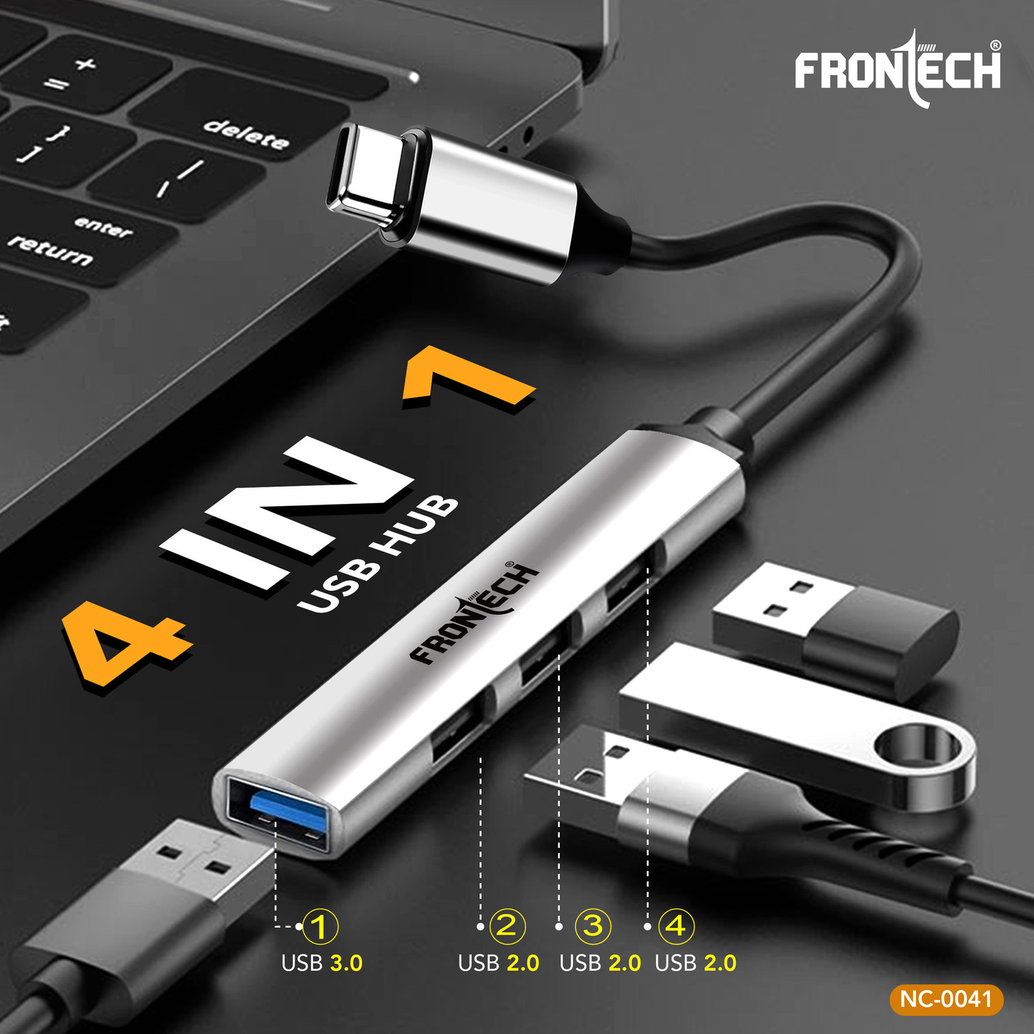 Image of Frontech 4 in 1 Slim Multiport HUB Dock | 1xUSB 3.0 /3xUSB 2.0 | Compact Metal Design | NC 0041 USB Hub