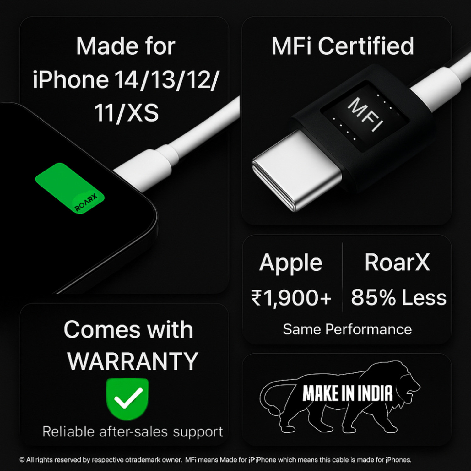 Image of RoarX Lightning Cable 1 m PVC L6H TYPE-C TO LIGHTNING PD 20W Fast Charging Cable