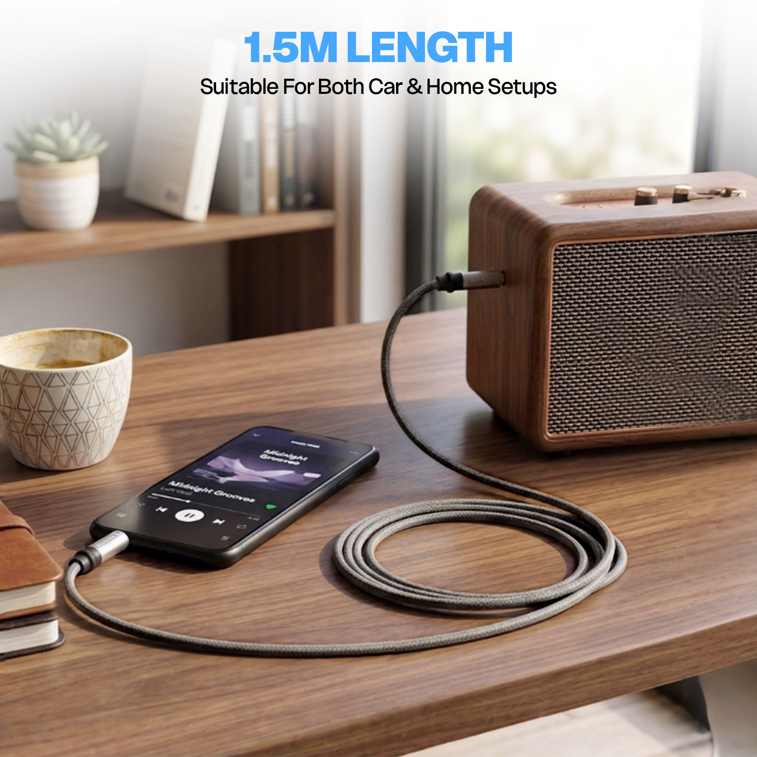 Image of AMKETTE AUX Cable 1.5 m Vibe Nylon Braided 3.5mm Audio Cable with Gold Plated Connectors (Compatible with Smartphones, Speakers, Car Stereos, Laptops, Grey, One Cable, 3.5mm Jack To 3.5mm Jack)