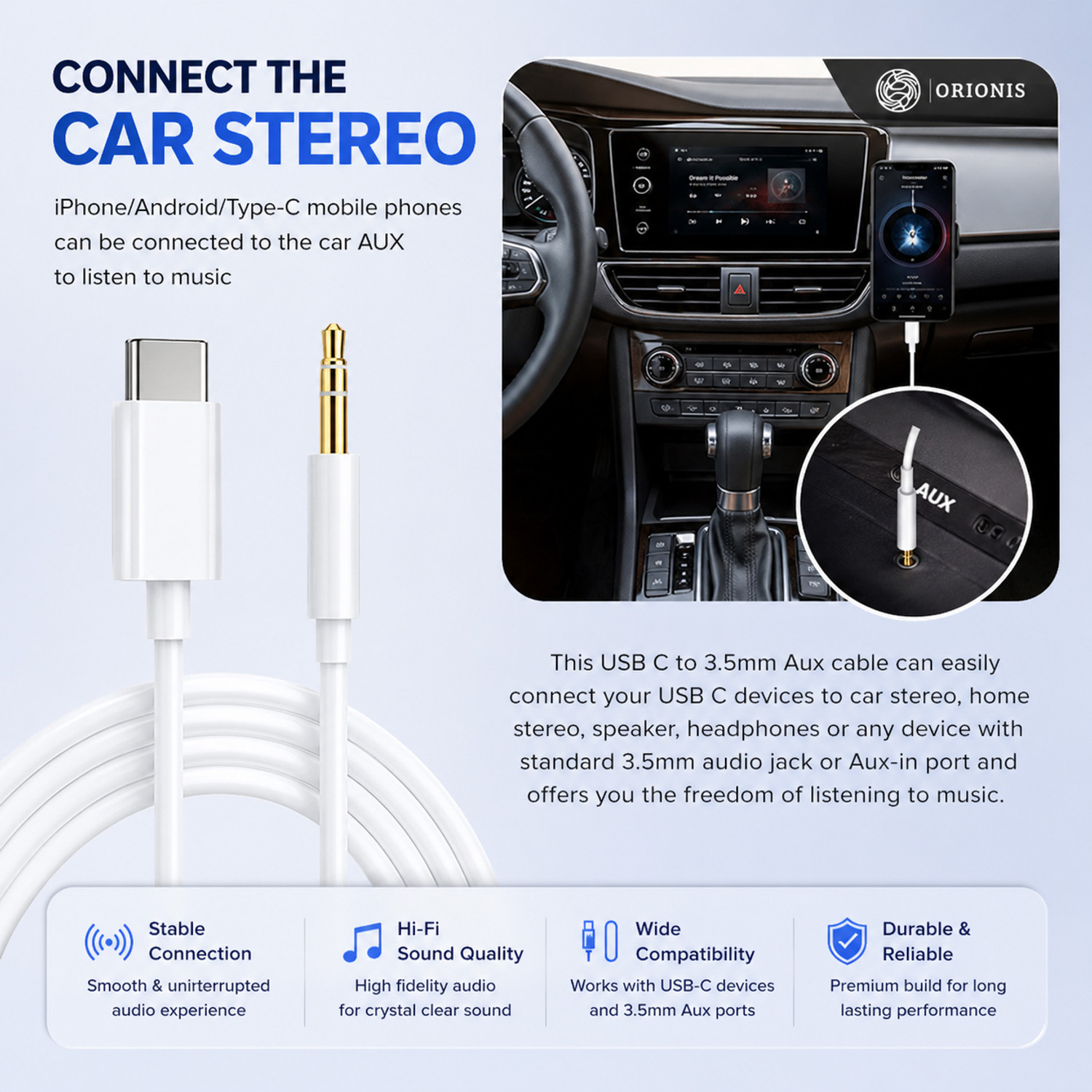 Image of Orionis AUX Cable 2 A 1 m Aluminum Foil Shielding USB Type-C to 3.5mm AUX Cable | HiFi Audio DAC Chip | Type-C to 3.5mm Headphone Jack Adapter