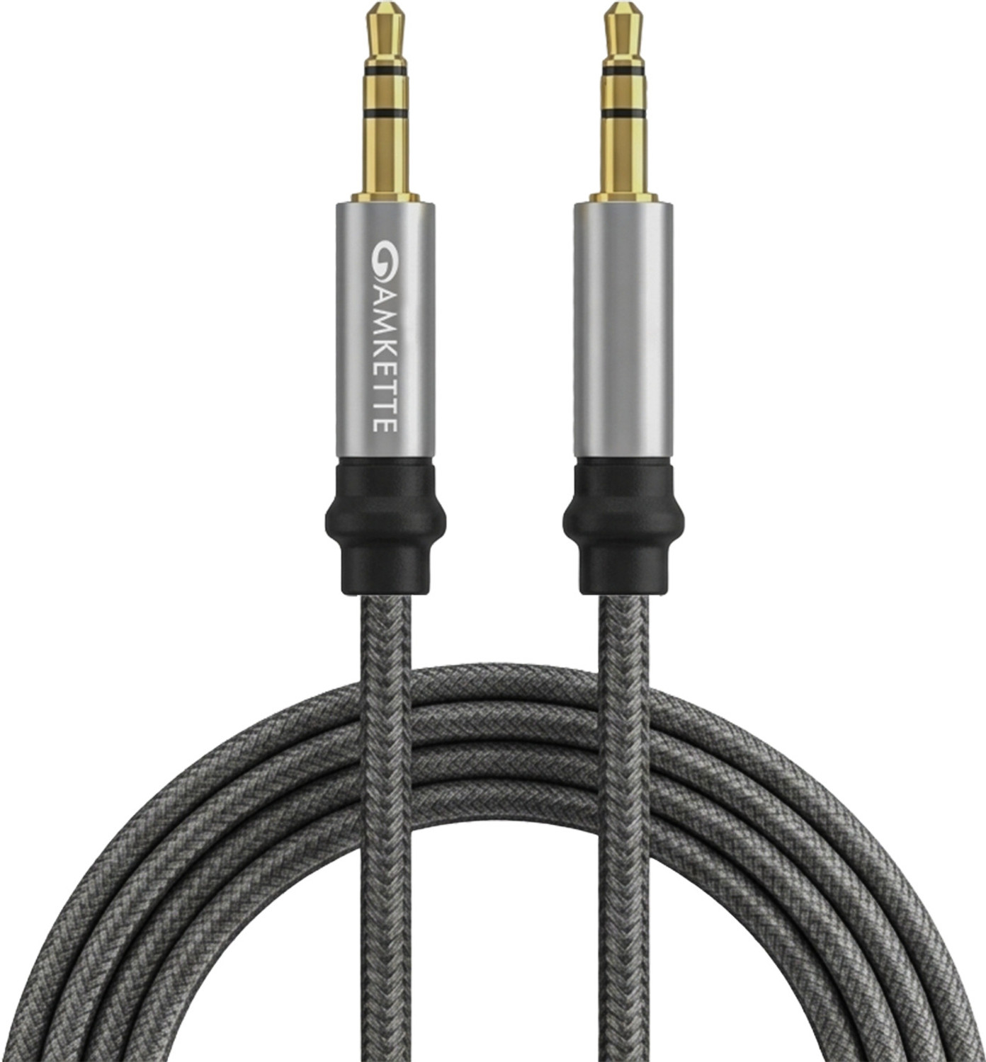 Image of AMKETTE AUX Cable 1.5 m Vibe Nylon Braided 3.5mm Audio Cable with Gold Plated Connectors (Compatible with Smartphones, Speakers, Car Stereos, Laptops, Grey, One Cable, 3.5mm Jack To 3.5mm Jack)