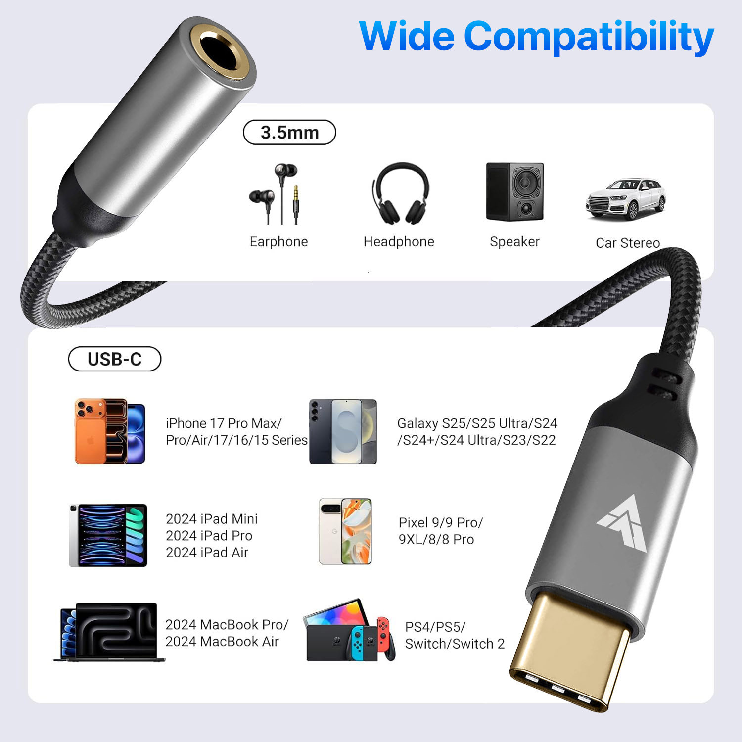 Image of DR VAKU AUX Cable 0.05 m SonicPro Type C to 3.5 mm Jack Digital Audio DAC 24bit /96KHz Connector, Headphone, Earphone USB C Converter /Adapter