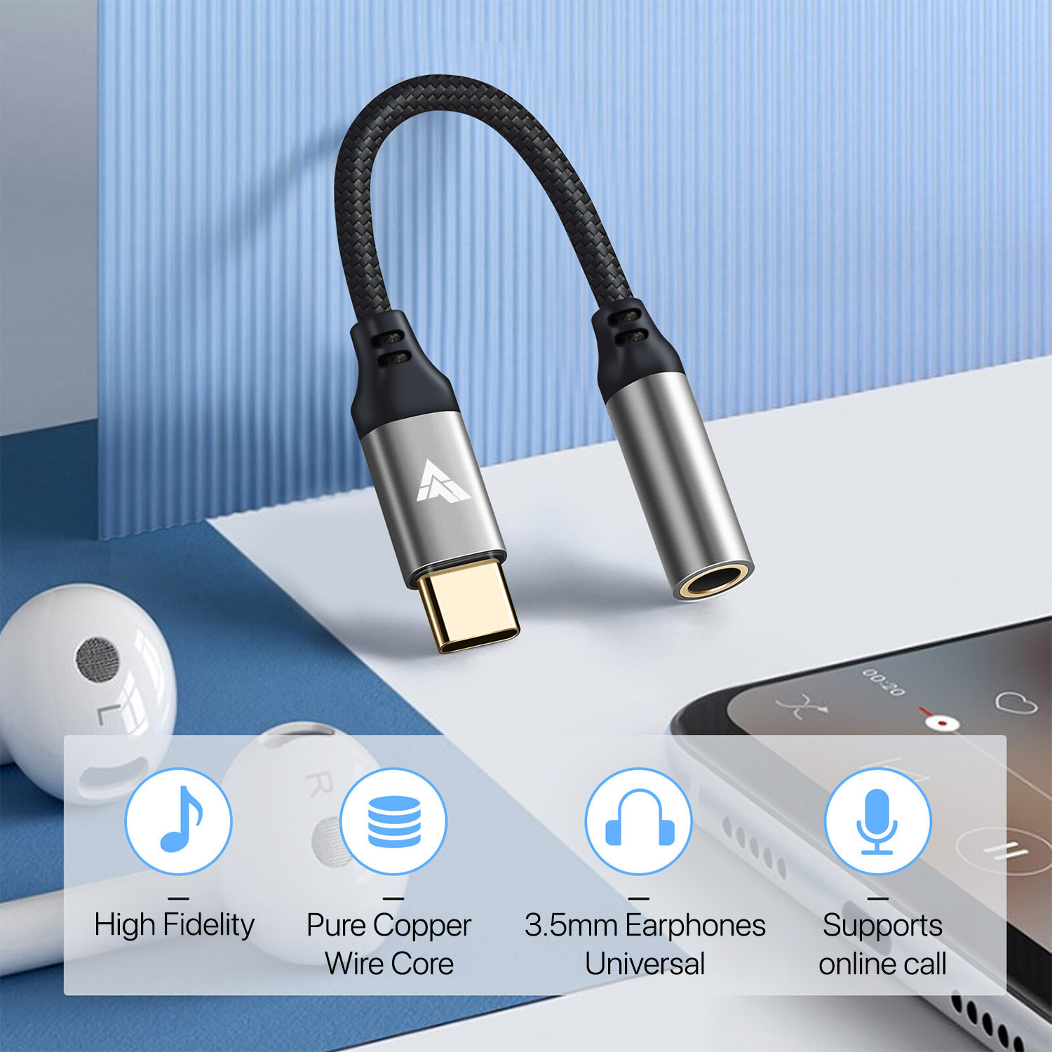Image of DR VAKU AUX Cable 0.05 m SonicPro Type C to 3.5 mm Jack Digital Audio DAC 24bit /96KHz Connector, Headphone, Earphone USB C Converter /Adapter
