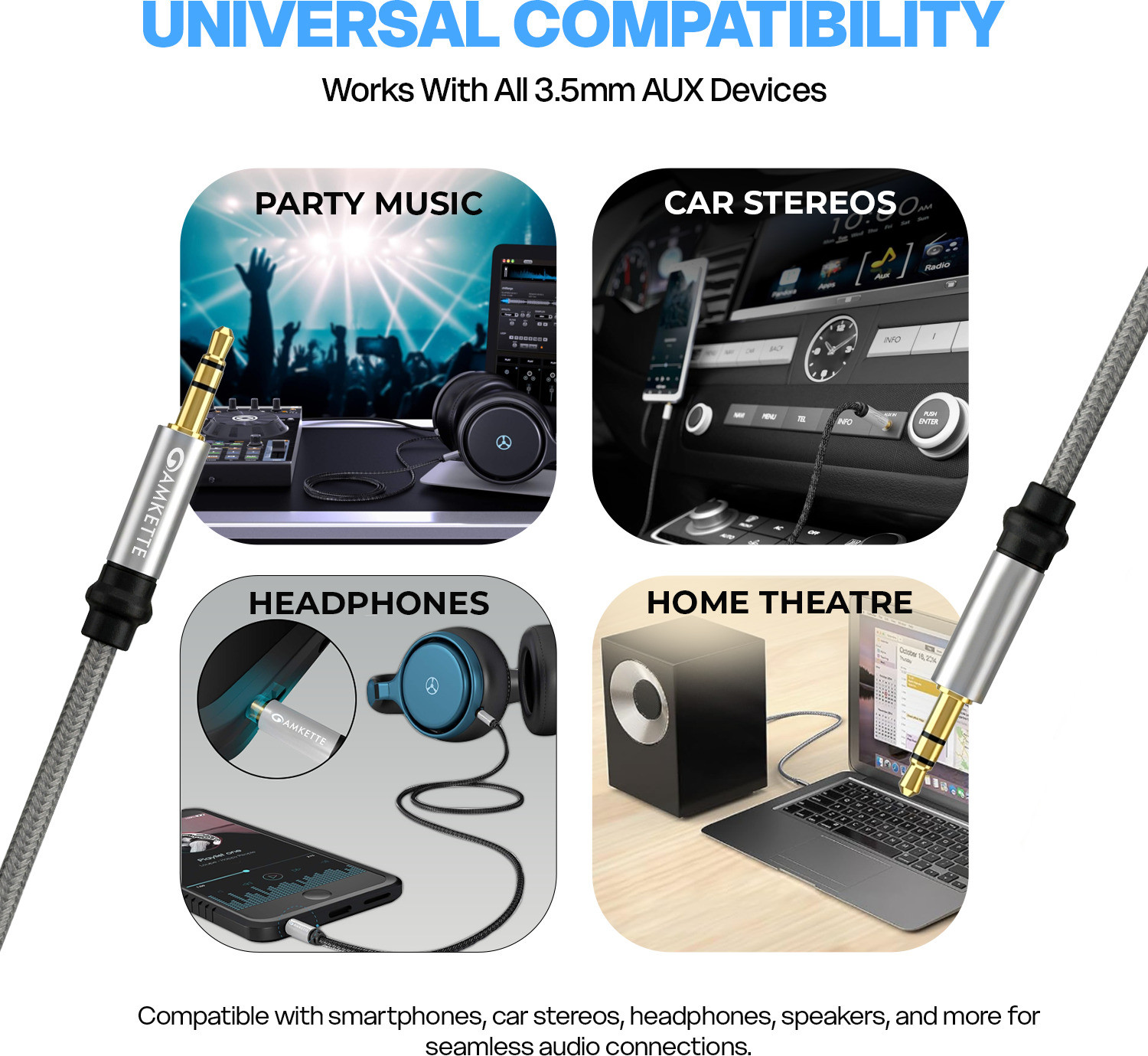 Image of AMKETTE AUX Cable 1.5 m Vibe Nylon Braided 3.5mm Audio Cable with Gold Plated Connectors (Compatible with Smartphones, Speakers, Car Stereos, Laptops, Grey, One Cable, 3.5mm Jack To 3.5mm Jack)