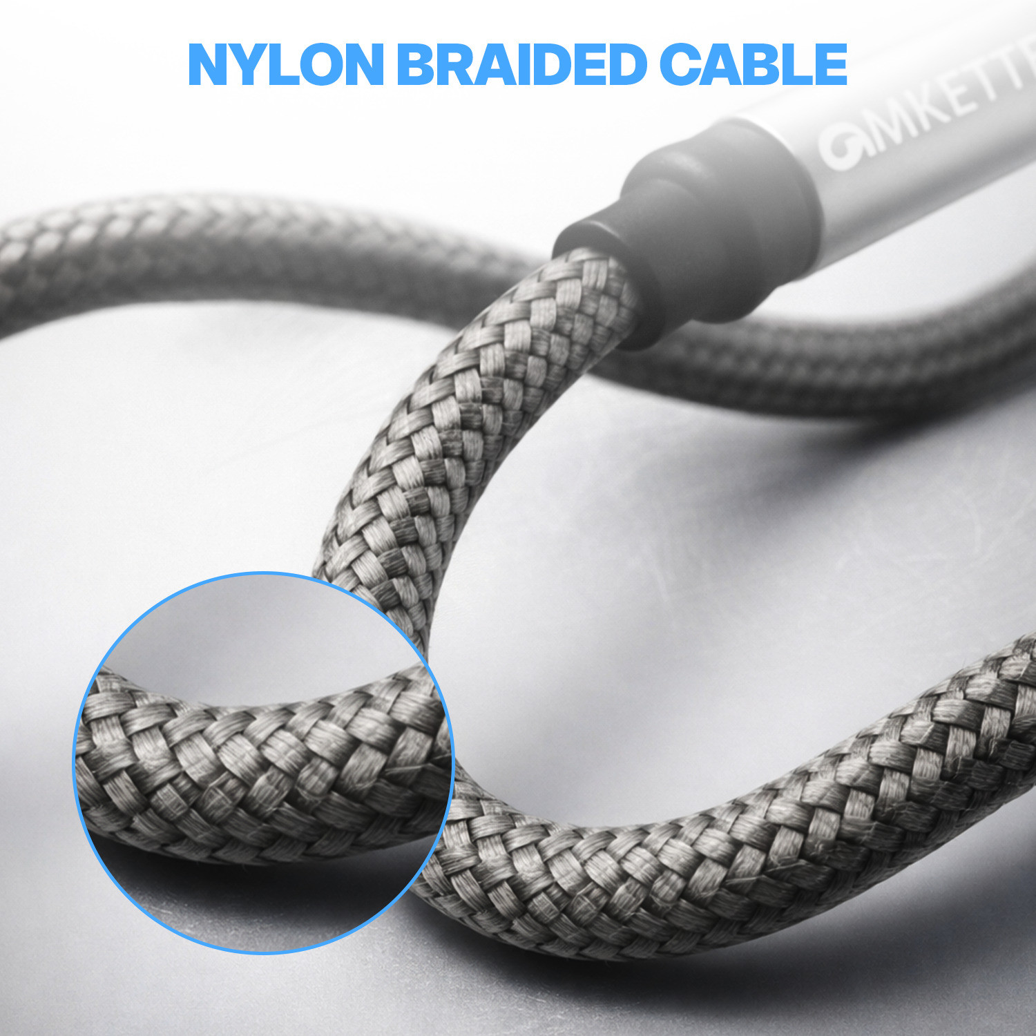Image of AMKETTE AUX Cable 1.5 m Vibe Nylon Braided 3.5mm Audio Cable with Gold Plated Connectors (Compatible with Smartphones, Speakers, Car Stereos, Laptops, Grey, One Cable, 3.5mm Jack To 3.5mm Jack)