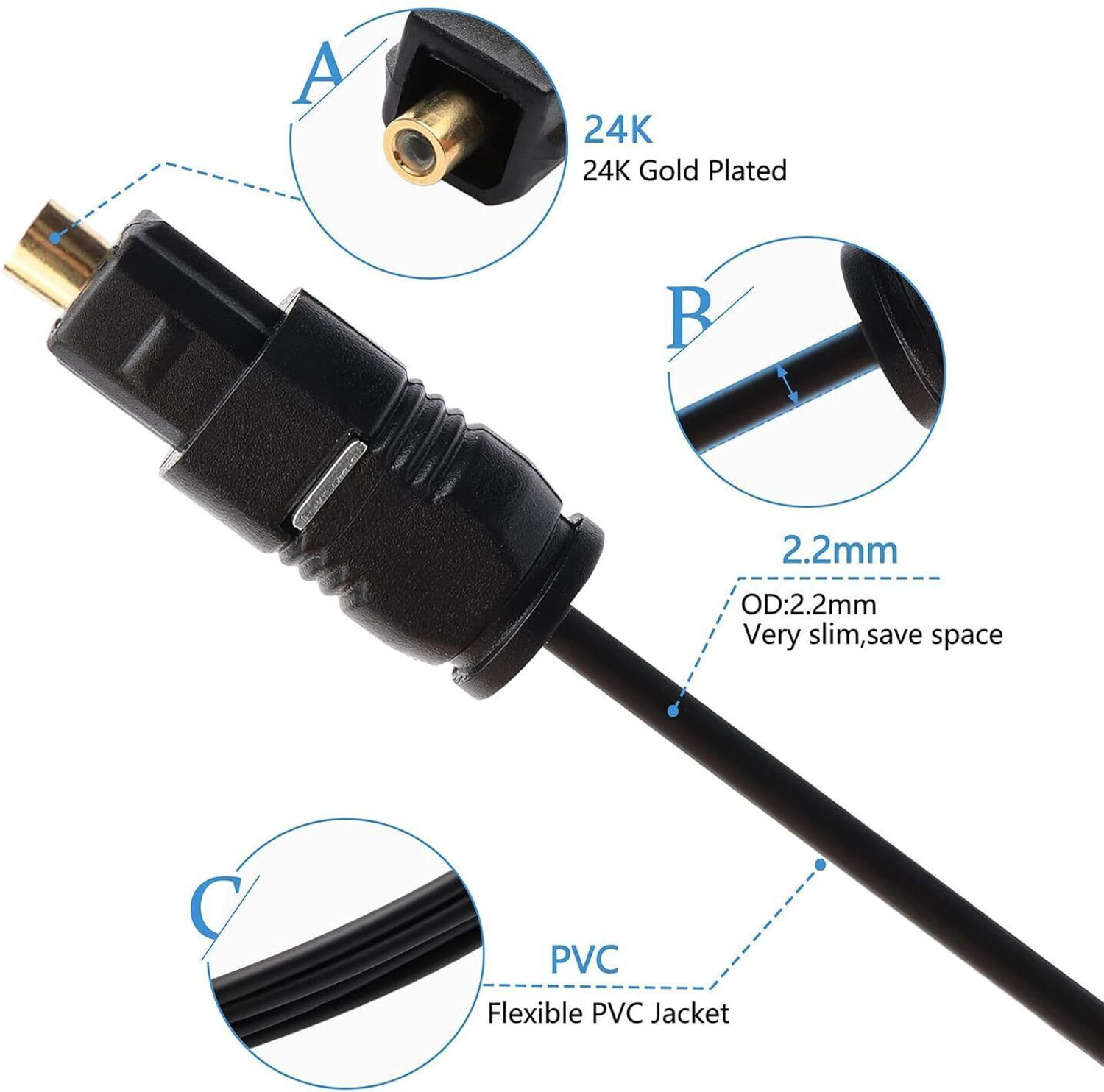 Image of Tobo Digital Coax Audio Cable 1 m Digital Optical Audio Toslink Cable, SPDIF Digital Audio Wire TD-673OC