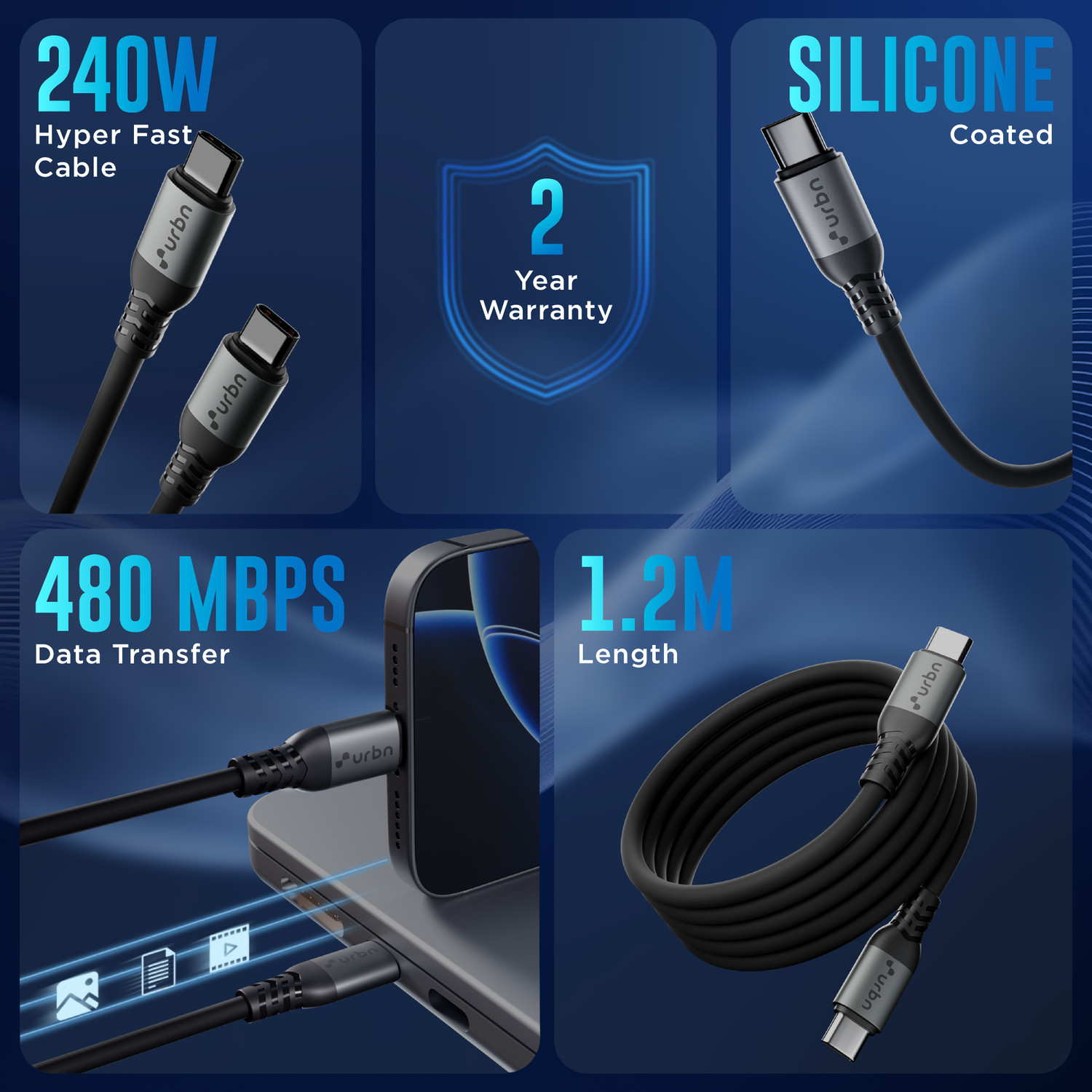 Image of URBN USB Type C Cable 5 A 1.2 m UPC258