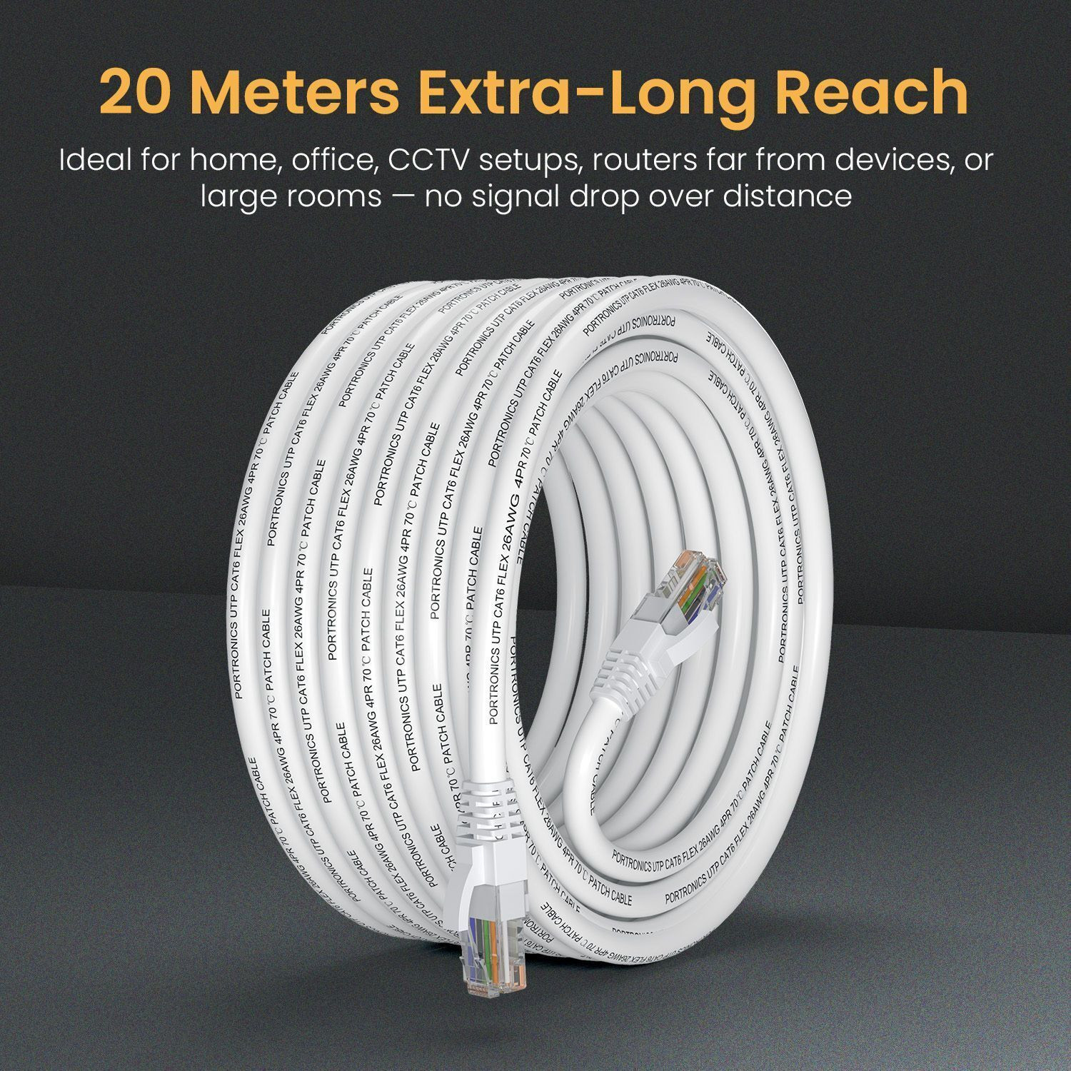 Image of Portronics Ethernet Cable 20 m NetX20 CAT-6 RJ45 Ethernet Cable 20M, 1000 Mbps High-Speed LAN Cable