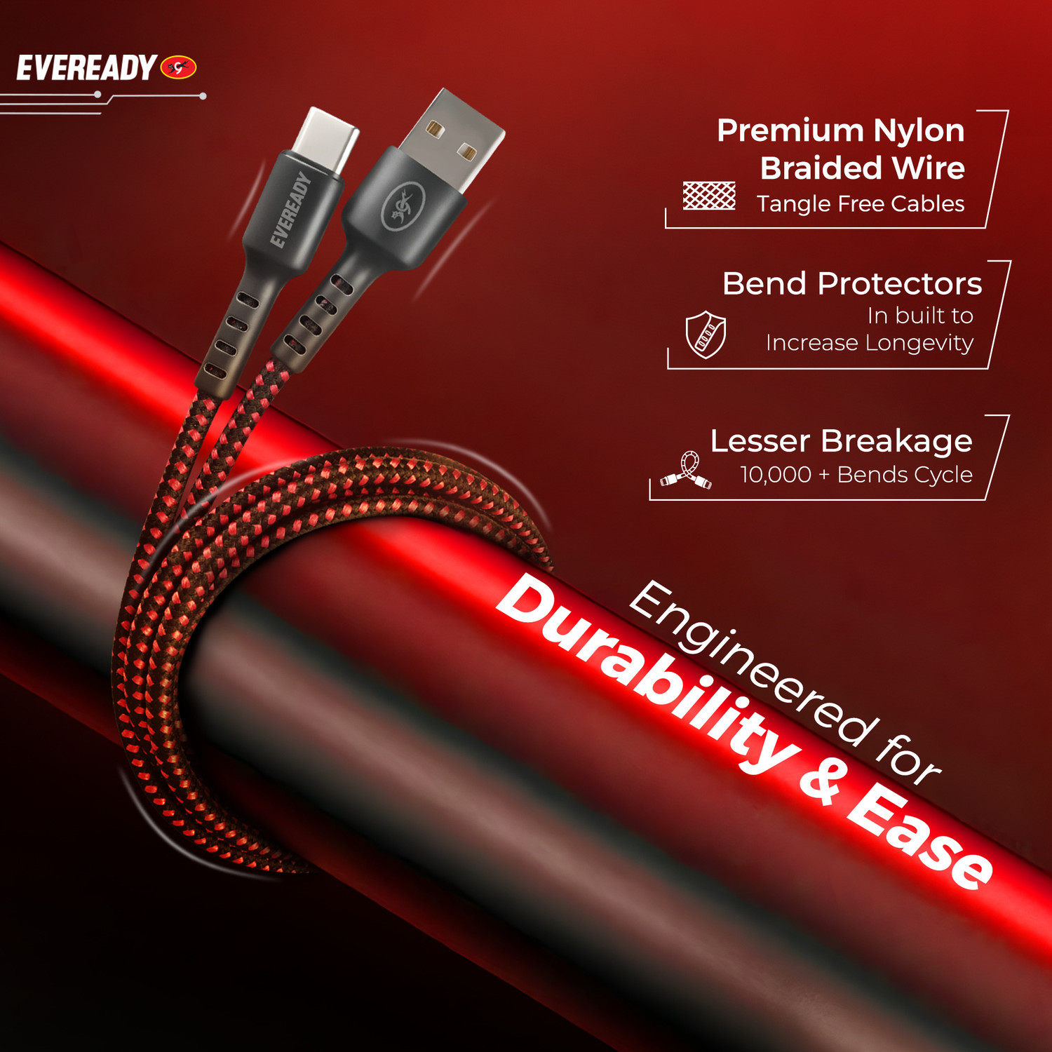 Image of Eveready USB Type C Cable 1.5 m A to C (Compatible with Mobile, Black, USB Type A To USB Type C)