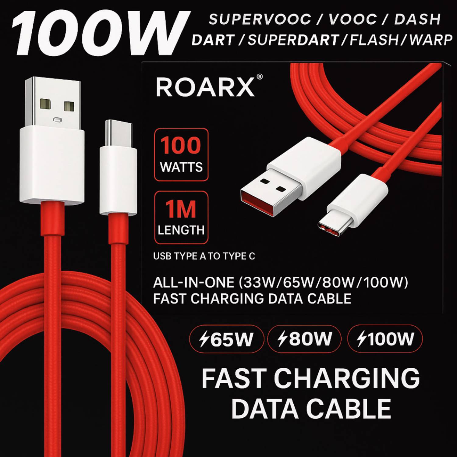 RoarX USB Type C Cable 10 A 1 m TPE 100W SuperVOOC/Dash/Wrap charger Cable Compatible with oneplus OnePlus 12/OnePlus 12r /OnePlus 11/OnePlus 11R/OnePlus 10 Pro/OnePlus 10R/ 9R/ 8 / 8T / 7 / 7T / 6