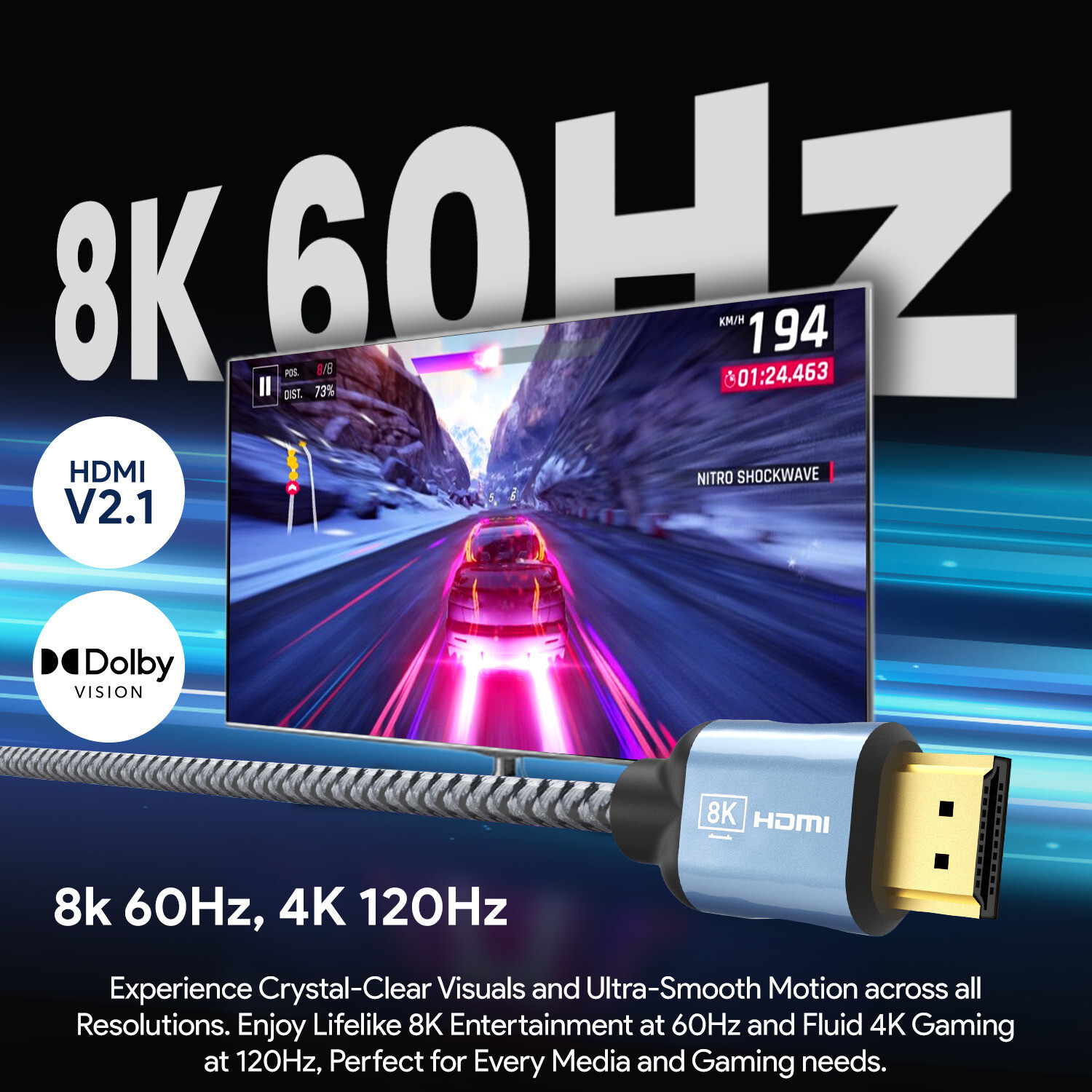 Image of AMKETTE HDMI Cable 3 m Ultra High Speed, 8K@60Hz, 4K@120Hz, 48Gbps, Certified with QR Code, eARC, HDR, VRR Support, Gold-Plated Connectors, Braided