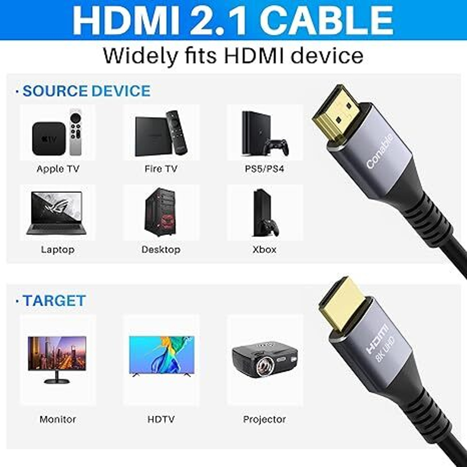 Image of HITRIME TV-out Cable HDMI Cable 2.1 with eARC & CEC, 8K @ 60Hz, 4K @ 120Hz, UHD Resolution, 48 Gbps