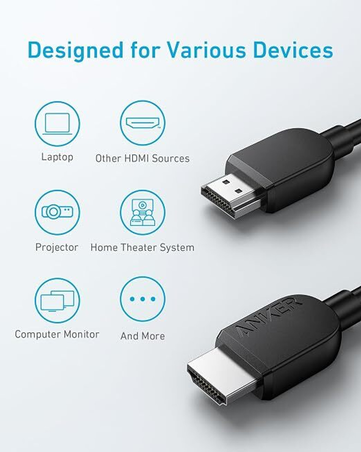 Image of Anker HDMI Cable 1.83 m A8742 (Compatible with TV, Laptop, Tablet, Projector, Gaming Console, Black, One Cable, HDMI To HDMI)