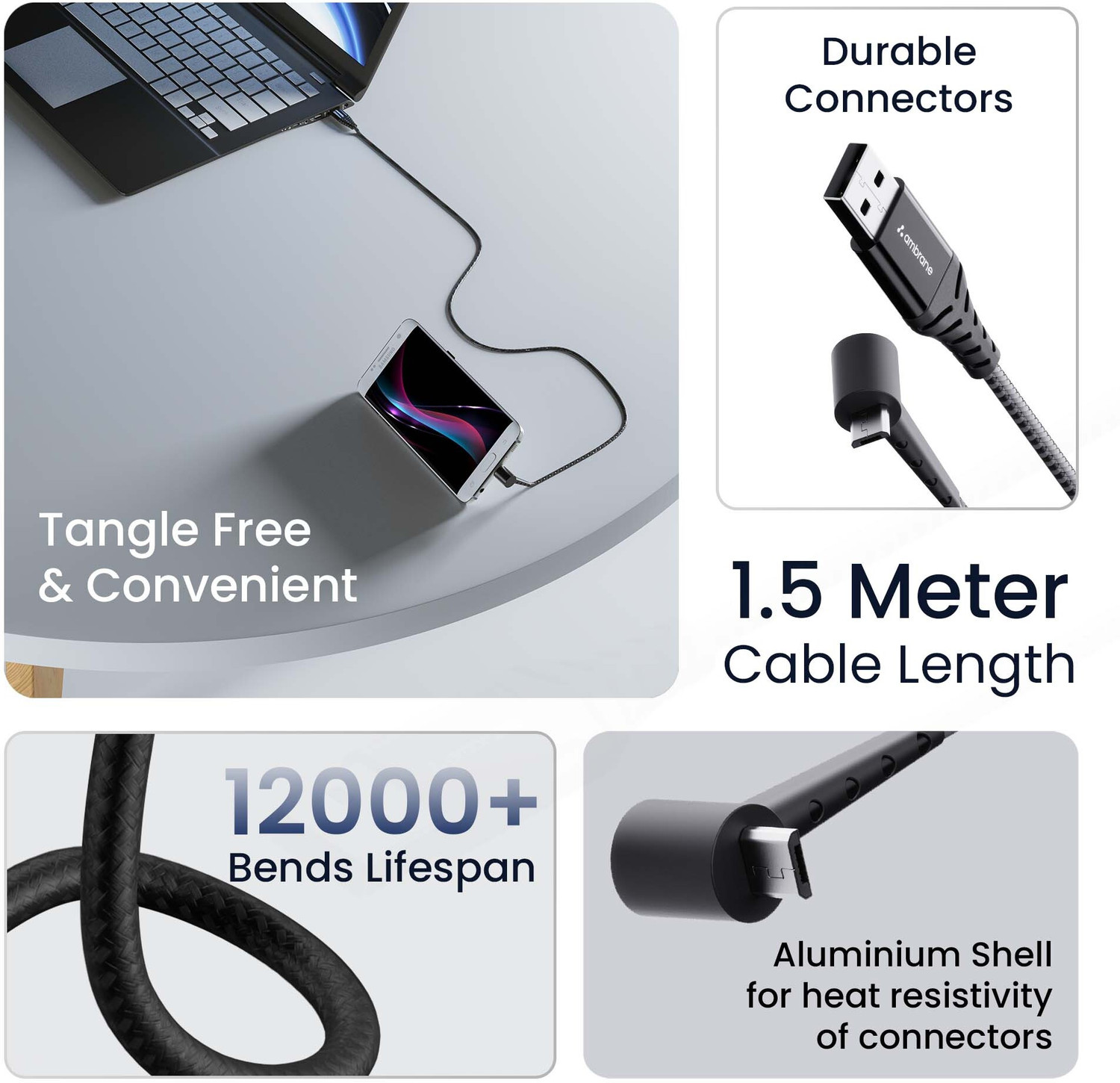 Image of Ambrane Micro USB Cable 3 A 1.5 m ABSM-15