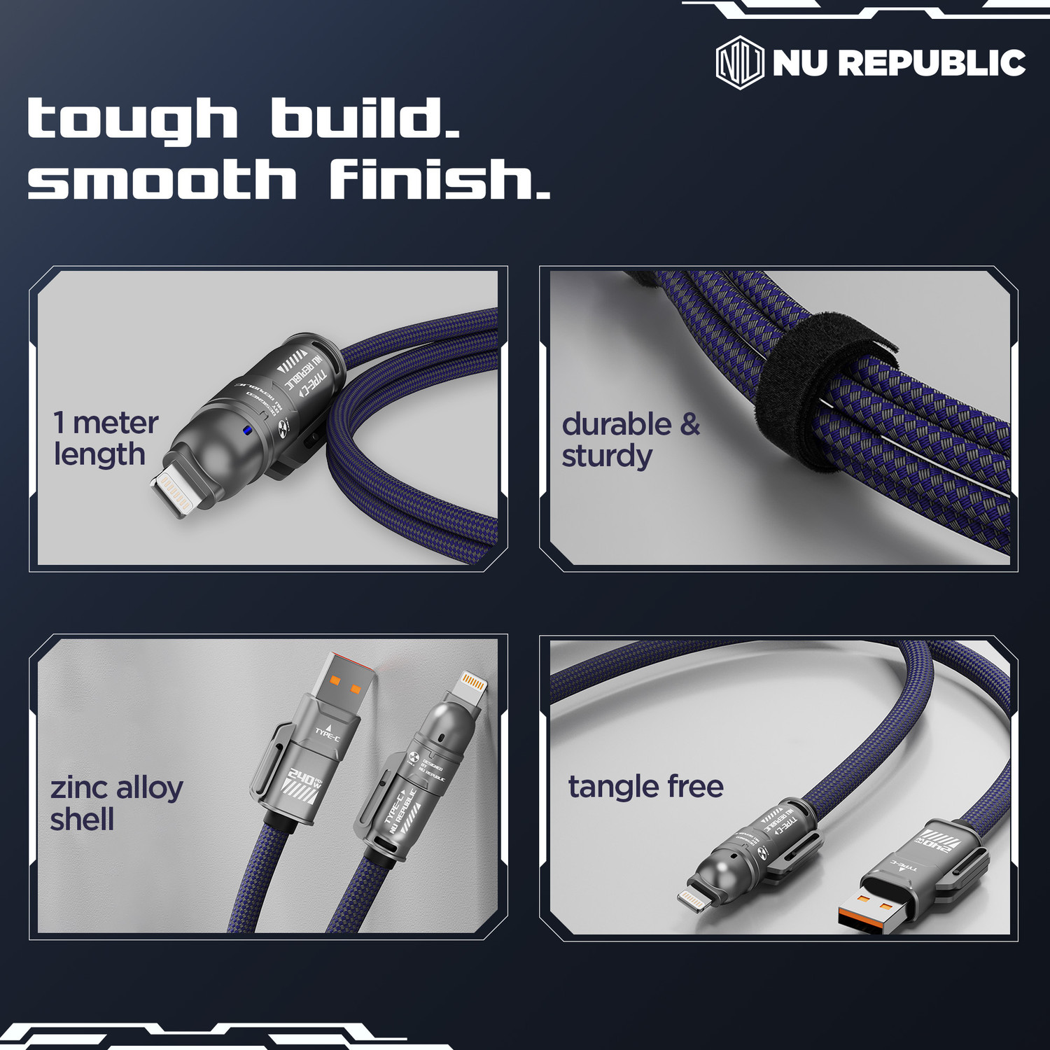 Image of Nu Republic USB Type C Cable 1 m Blaze Fusion-Q 240W 4-in-one USB-A to Type-C to Type-C + Type-L Metal Connector Fast Data Charge Premium Nylon Braided Cable