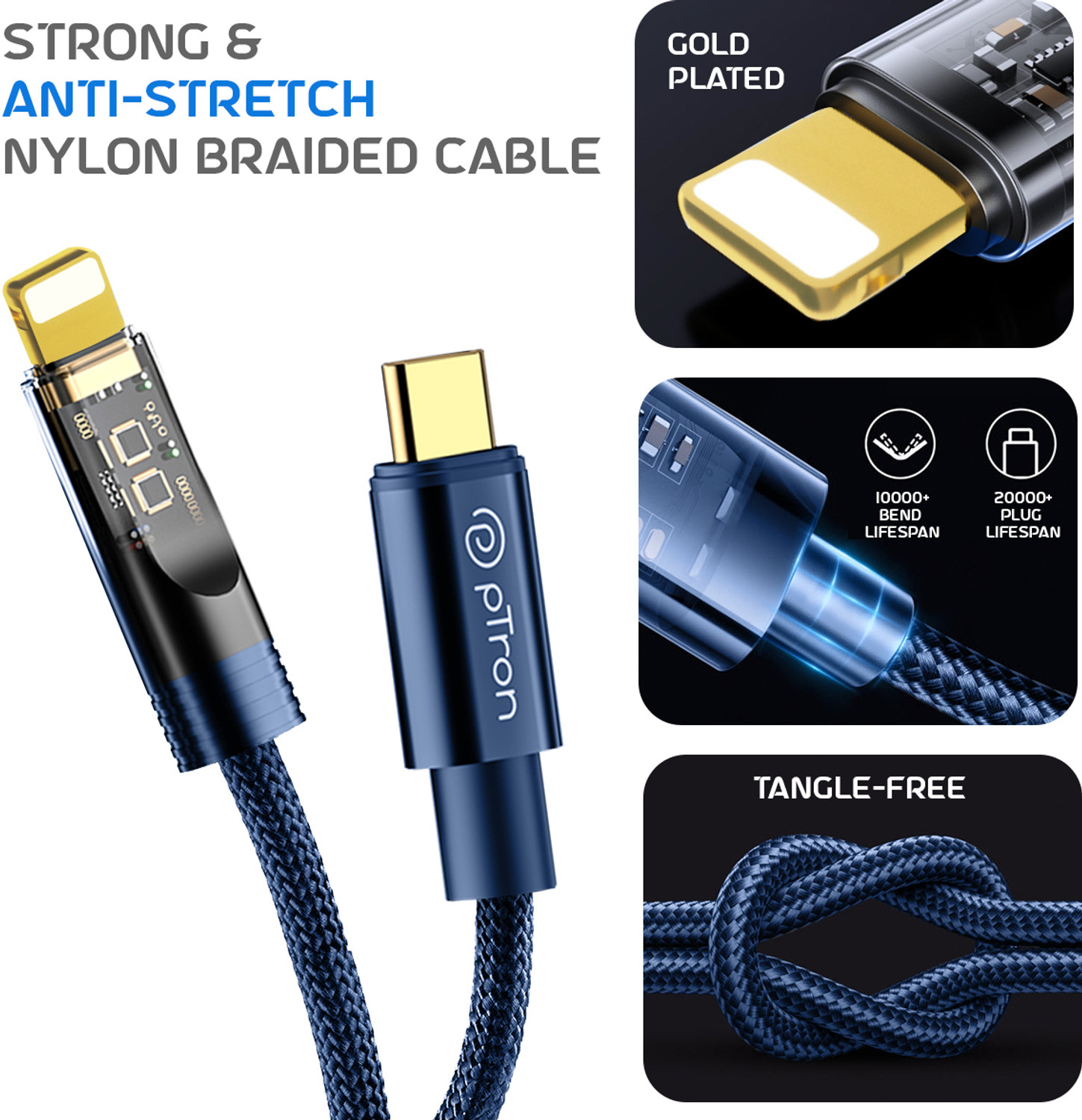 Image of PTron Lightning Cable 3 A 1 m Unbreakable Nylon Braided Pace