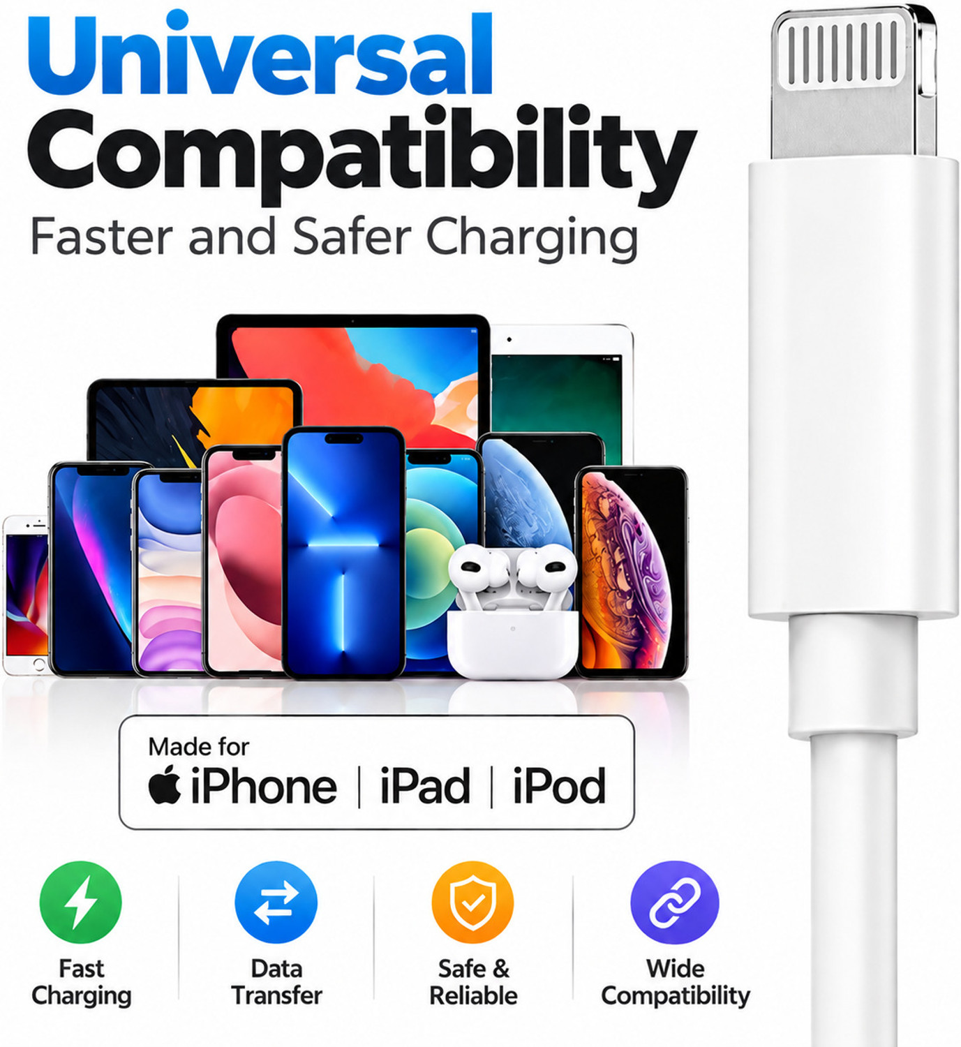 Image of NYC Simplify Your Life Lightning Cable 4 A 1 m Apple USB-C to Lightning 20W (Compatible with iPh ne 14, 14 Plus, 14 Pro, 14 Pro Max, White, One Cable, USB Type A To Lightning, 20 W)