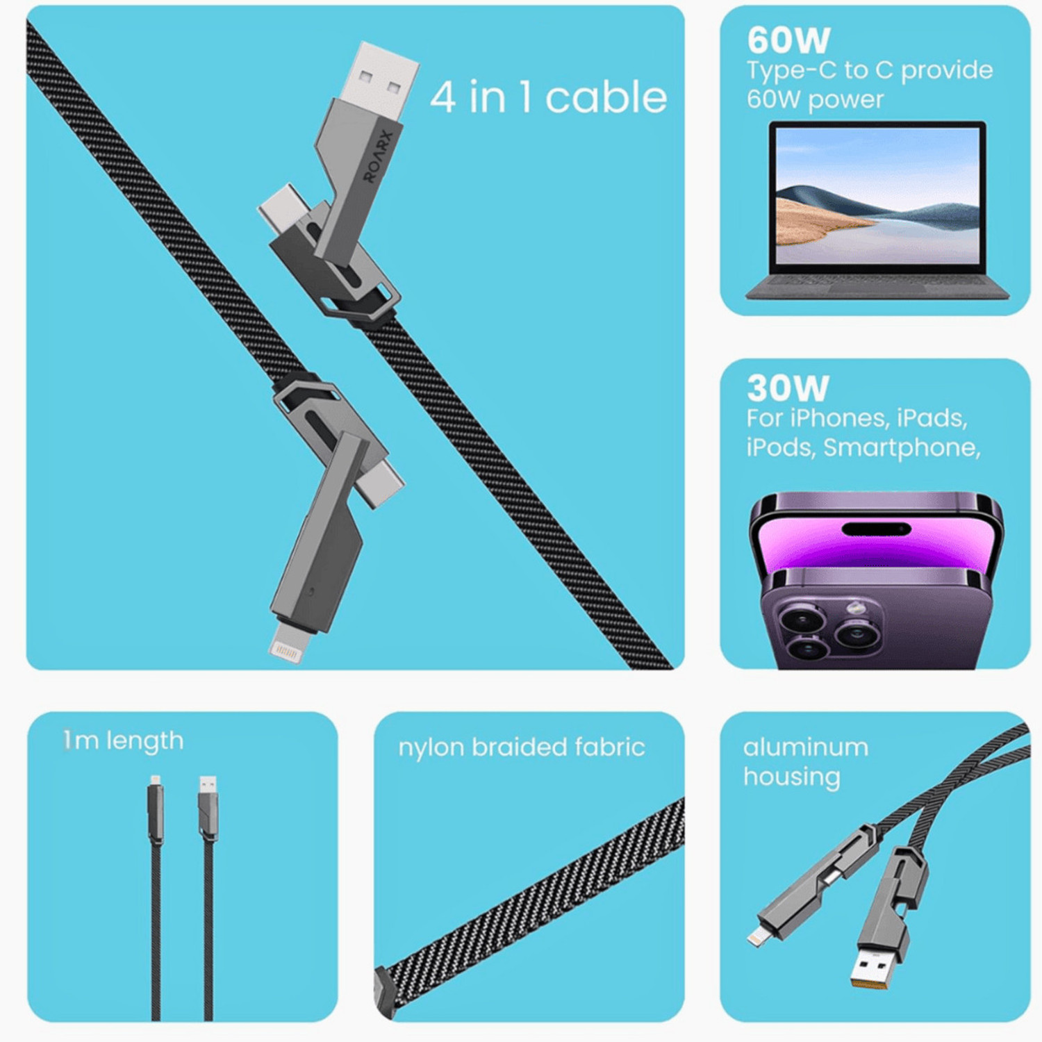 Image of RoarX Lightning Cable 6 A 1 m Original quality 4 in 1 65 Watt Fast Charging Cable Compatible for-iPhone & Android with MFI Certified (1 Meter)