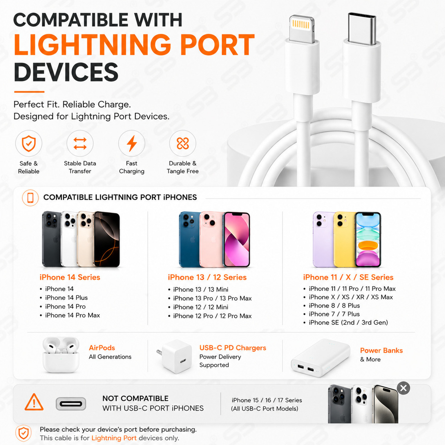 Image of SB Lightning Cable 3 A 1 m Type C to Lightning Fast Charging Cable for IOS device 14, 13, 12, 11, XR, XS, SE Series PD 20W Fast Charging Data Sync Cable, Durable PVC USB C to Lightning Cable for IOS Devices