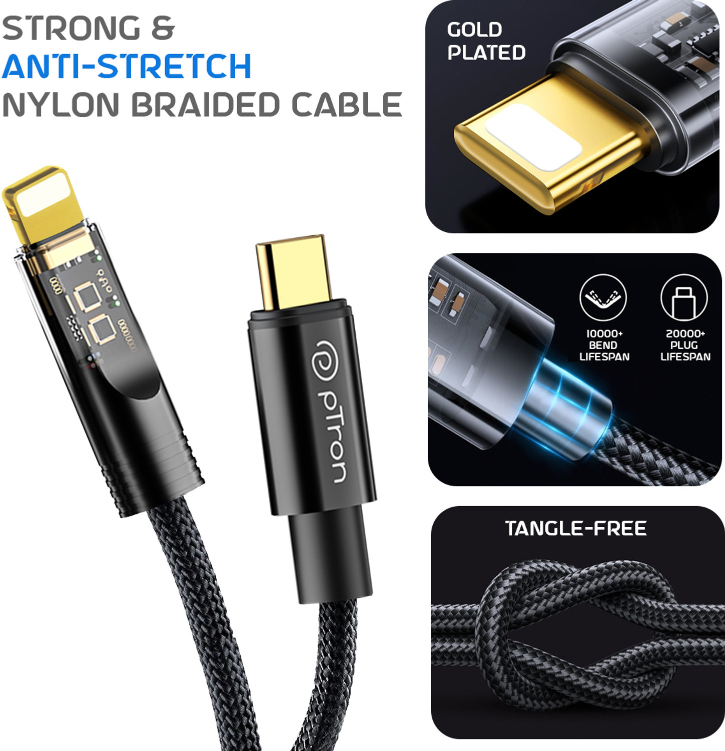 Image of PTron Lightning Cable 3 A 1 m Unbreakable Nylon Braided Pace