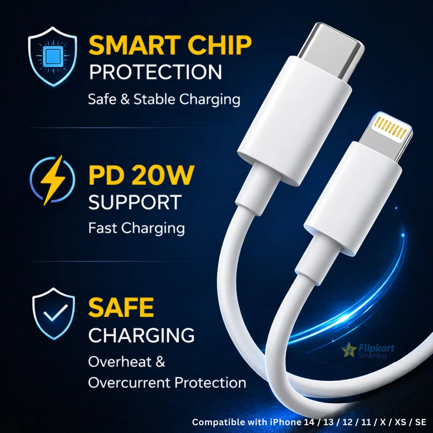 Image of Flipkart SmartBuy Lightning Cable 3 A 1.1 m Original Quality 20W USB C Type C to Lightning Fast Charging Data Cable, Replacement for Apple charger cable | C to L Cable