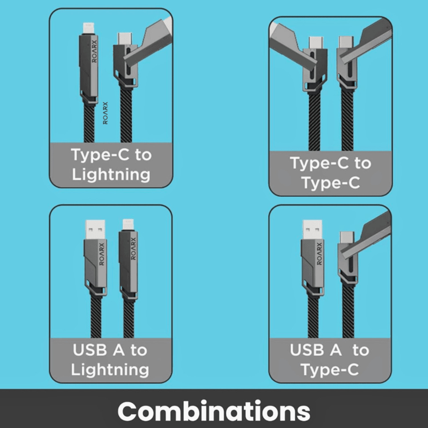 Image of RoarX Lightning Cable 6 A 1 m Original quality 4 in 1 65 Watt Fast Charging Cable Compatible for-iPhone & Android with MFI Certified (1 Meter)