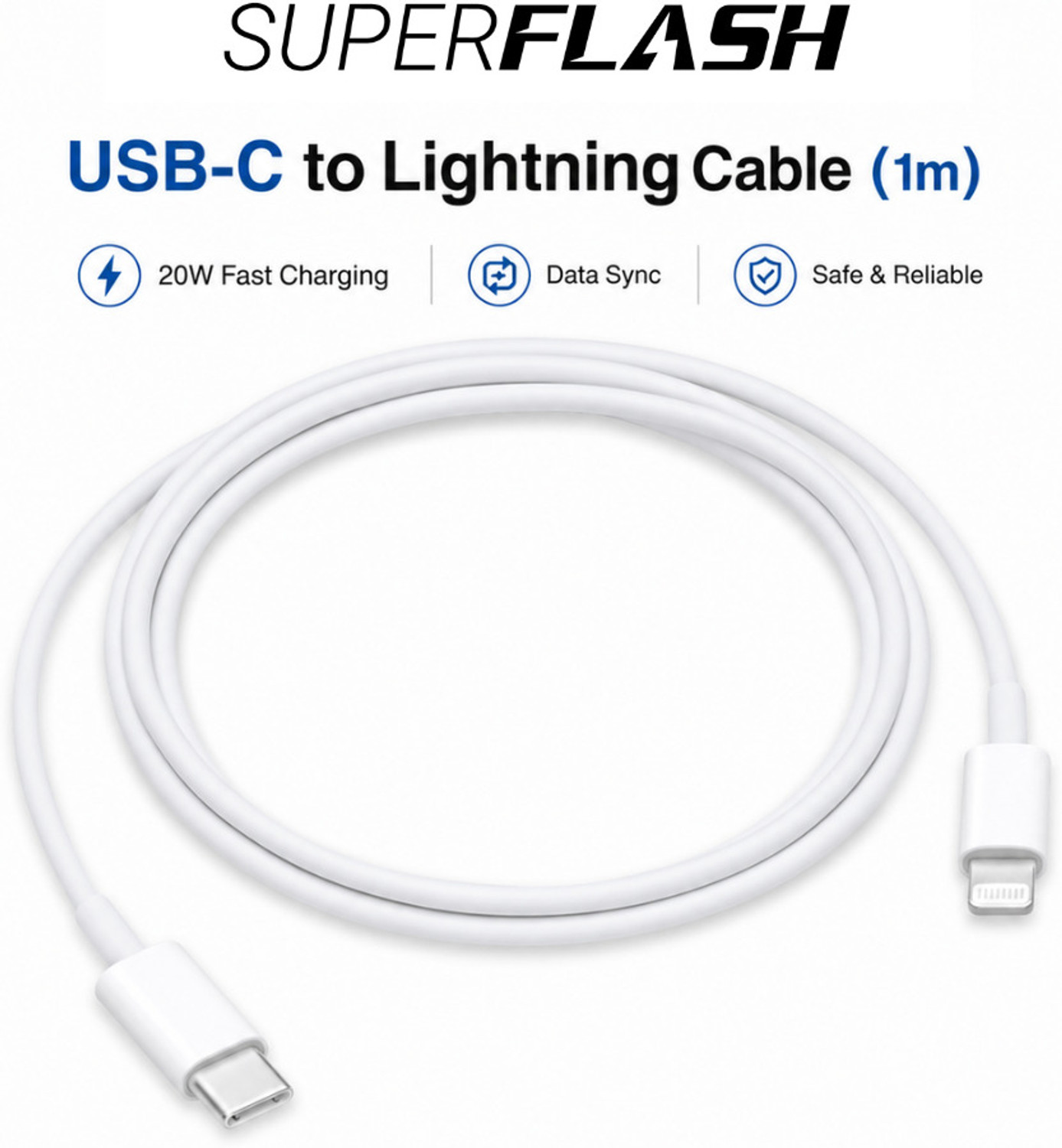 Image of SUPERFLASH Lightning Cable 4 A 1 m Original iPhone Data Cable Support Upto 20W PD Fast Charging MUQW3ZM /A (Compatible with iPhone X, XR, White, One Cable, USB Type C To Lightning, 20 W)