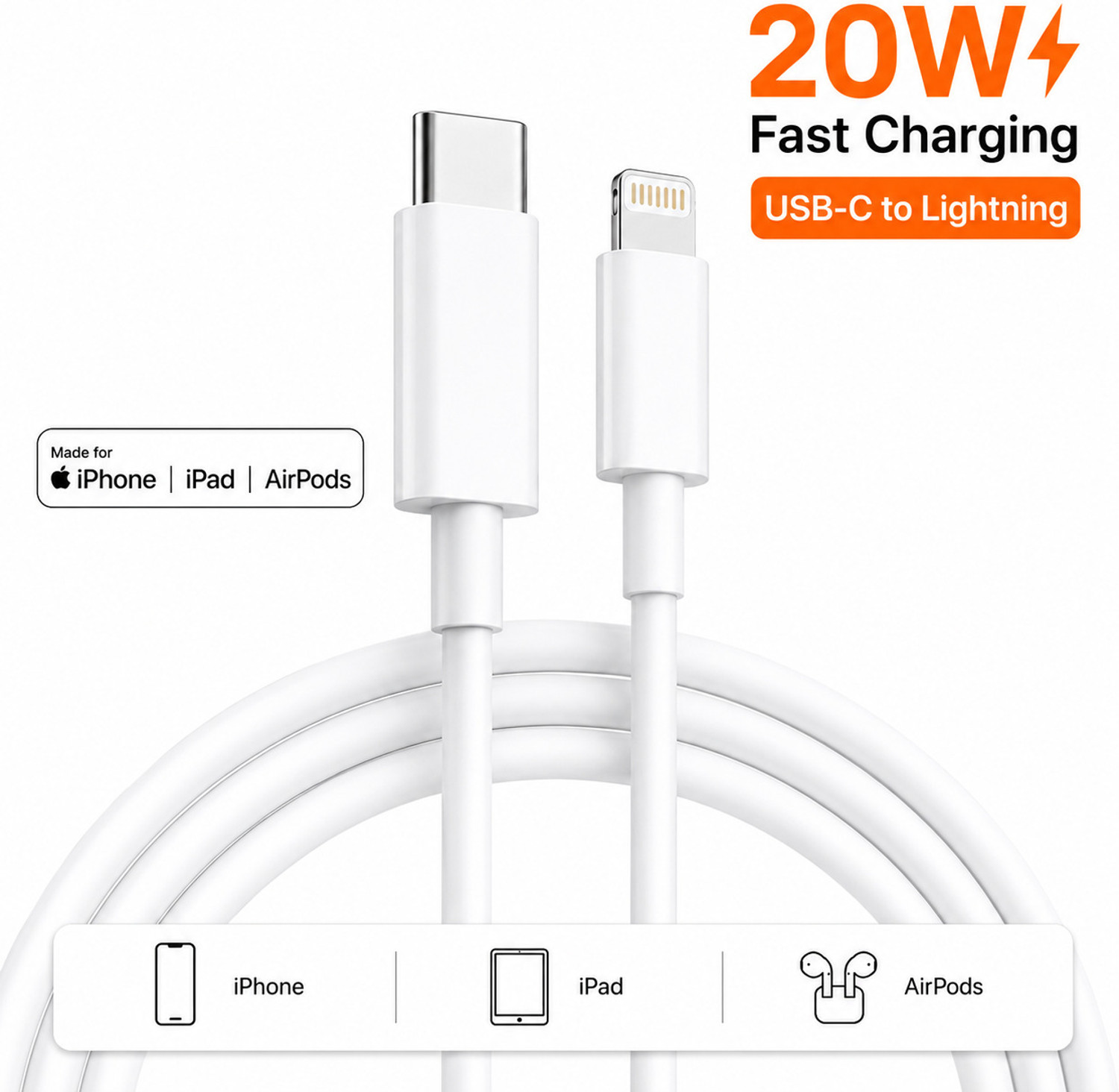 Image of SB Lightning Cable 3 A 1 m Type C to Lightning Fast Charging Cable for IOS device 14, 13, 12, 11, XR, XS, SE Series PD 20W Fast Charging Data Sync Cable, Durable PVC USB C to Lightning Cable for IOS Devices