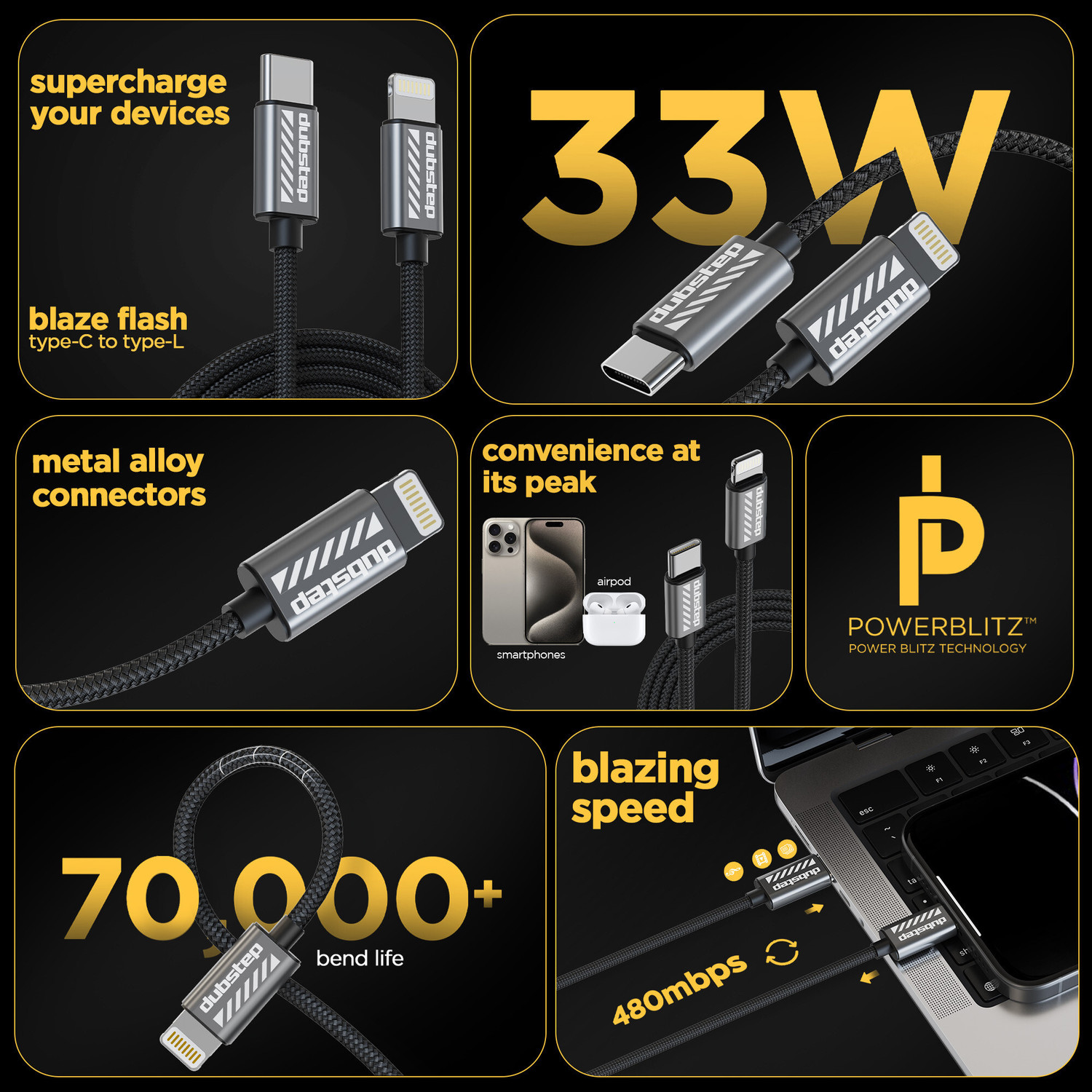Image of Dubstep Lightning Cable 1.25 m Blaze Flash 33W Type-C To Type-L Fast Data Charging Cable