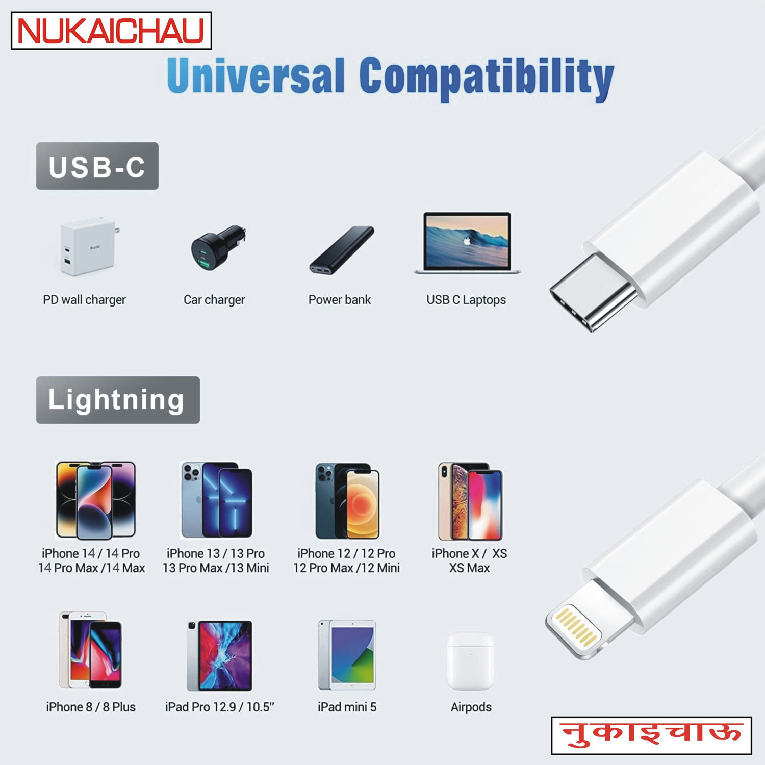 Image of NUKAICHAU Lightning Cable 3.6 A 0.78 m Copper Braiding Type-C to Lightning Charging Cable for iPhone