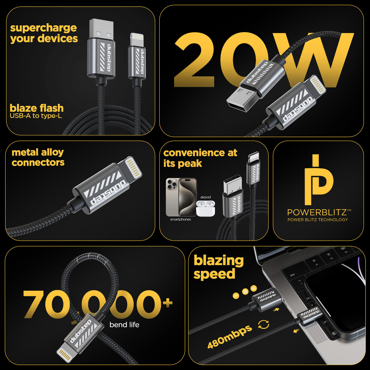 Image of Dubstep Lightning Cable 1.25 m Blaze Flash 20W USB-A To Type-L Fast Data Charging Cable