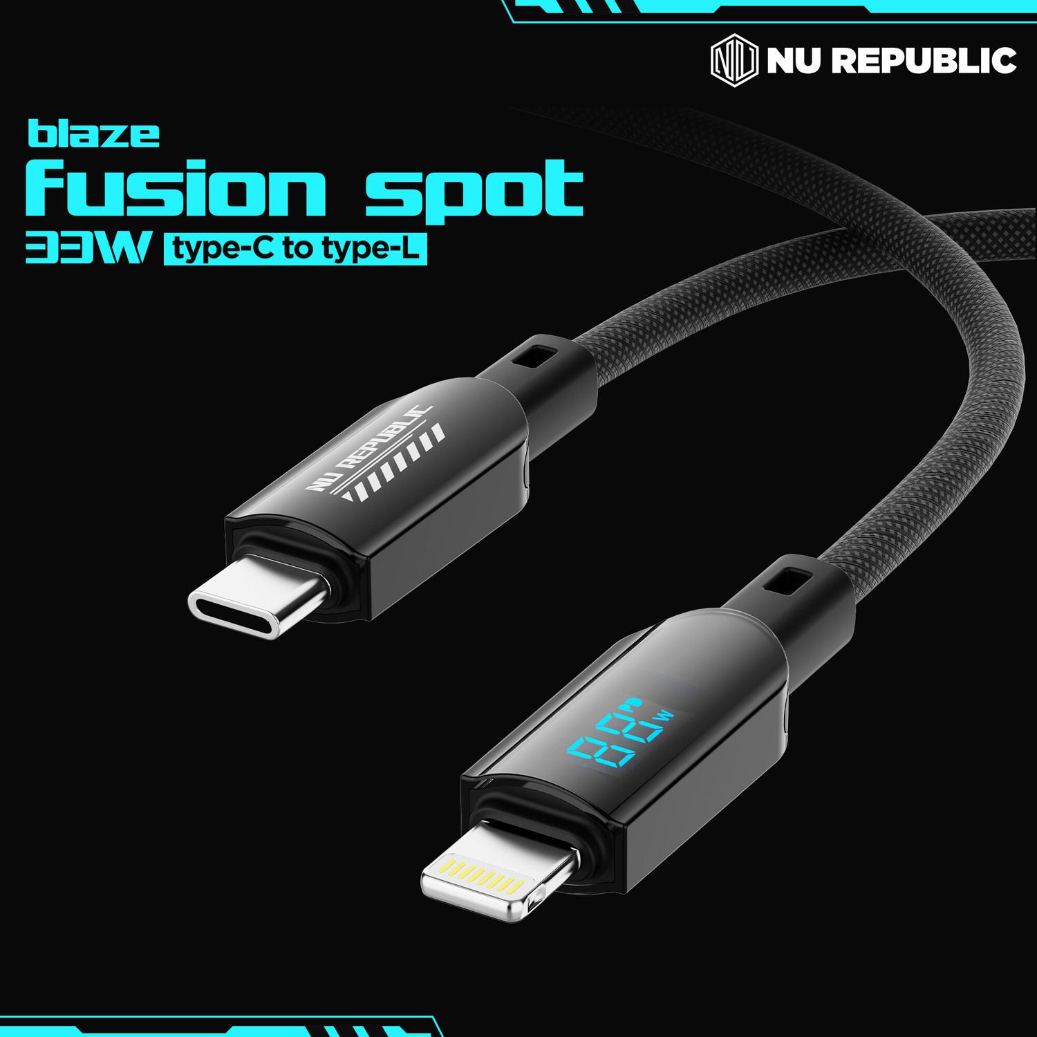 Image of Nu Republic Lightning Cable 1.2 m Blaze Fusion Spot 33W With Led Display Type-C To Type-L Data Charging Cable