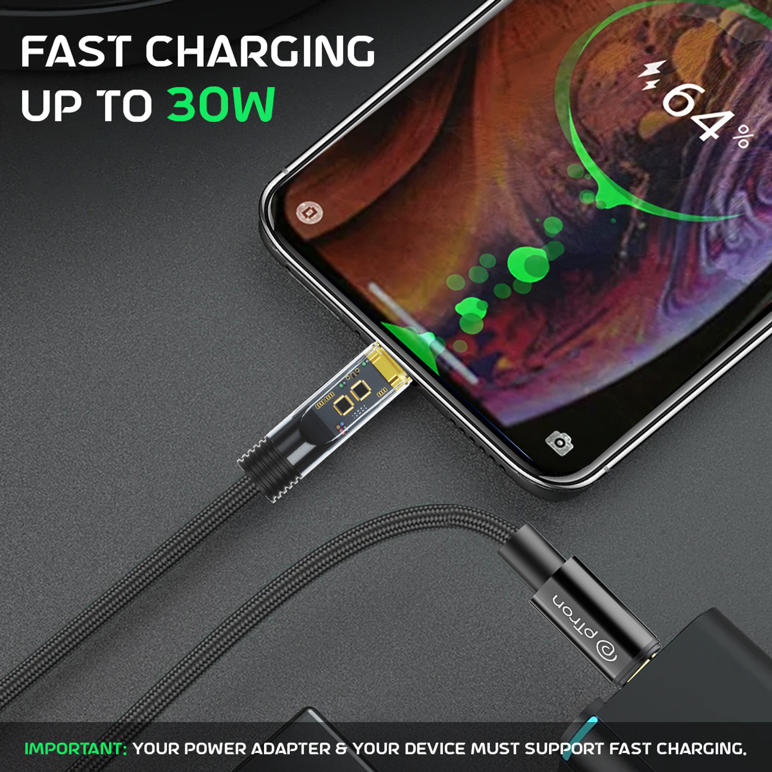 Image of PTron Lightning Cable 3 A 1 m Unbreakable Nylon Braided Pace