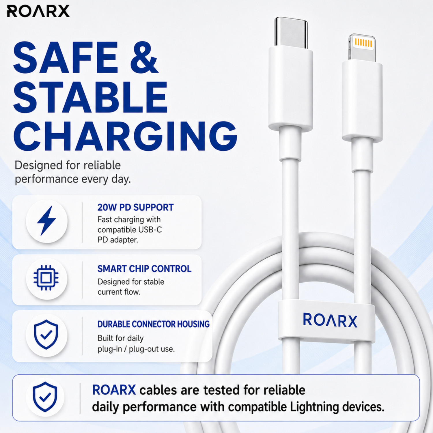 Image of RoarX Lightning Cable 3 A 1 m PVC USB Type C to Lightning Data Charging Cable original for i-Phone 11 i-Phone 12 i-Phone 13 i-Phone 14 i-Phone 14 Pro