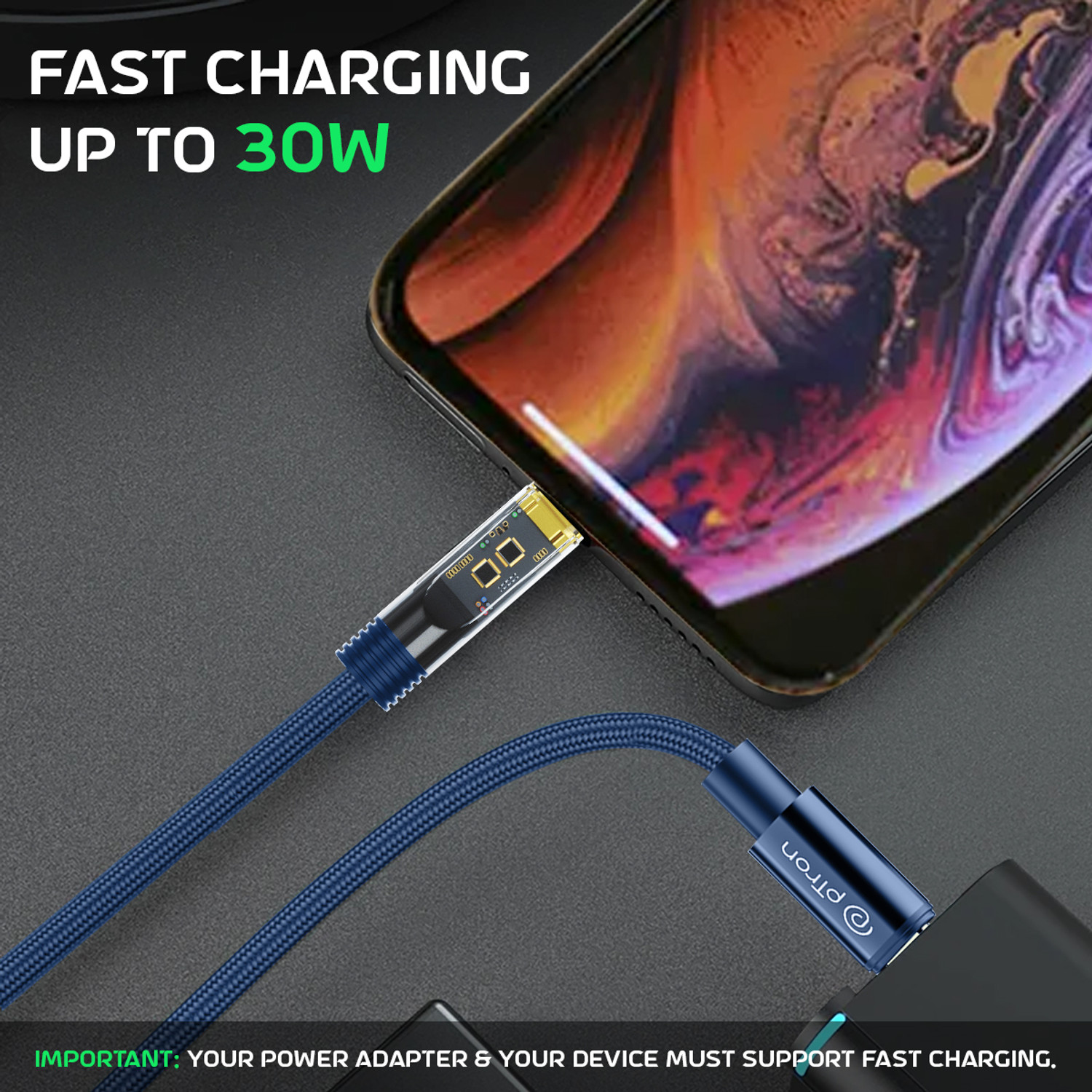 Image of PTron Lightning Cable 3 A 1 m Unbreakable Nylon Braided Pace