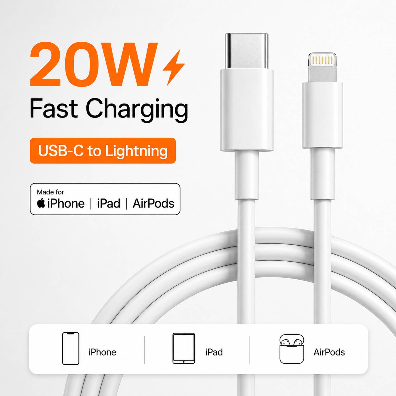 SB Lightning Cable 3 A 1 m PD 20W Fast Charging Data Sync Cable, Durable PVC USB C to Lightning Cable for IOS Devices, Type C to Lightning Fast Charging Cable for IOS device 14, 13, 12, 11, XR, XS, SE Series