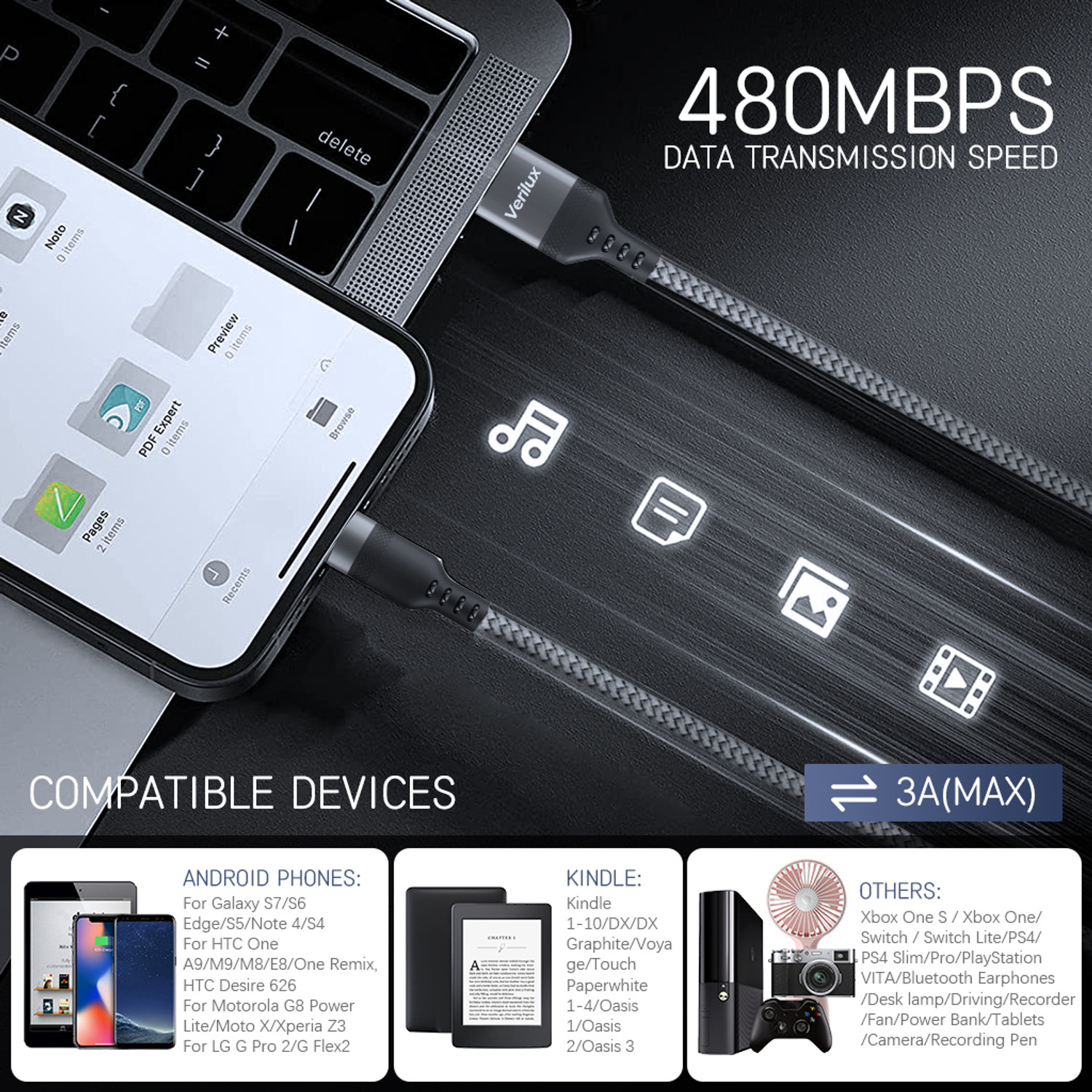 Image of Zomei Micro USB Cable 3 m Micro USB Cable 10Ft 3M Fast Charging Nylon Braided Cord
