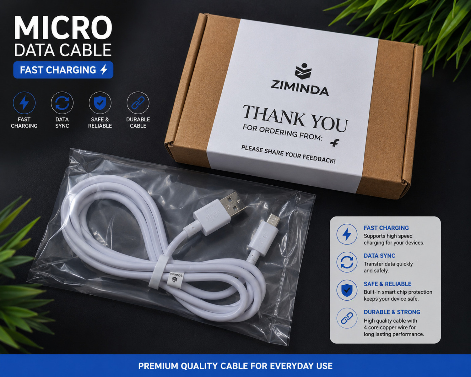Image of Ziminda Micro USB Cable 1 m 100w fast charging data cable micro
