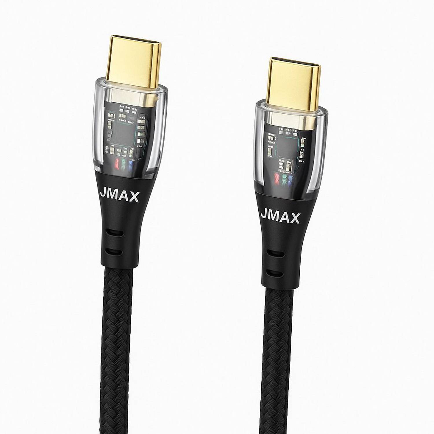 Jmax USB Type C Cable 1 m Crystal Series 65W Type C to Type C Fast Charging Cable with Smart LED Indicator | Transparent Charging Head | Nylon Braided | 1 Meter | PD Supported