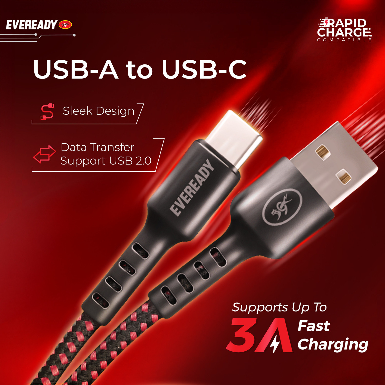 Image of Eveready USB Type C Cable 1.5 m A to C (Compatible with Mobile, Black, USB Type A To USB Type C)