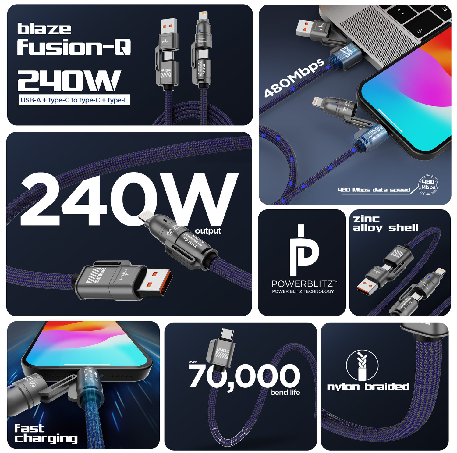 Image of Nu Republic USB Type C Cable 1 m Blaze Fusion-Q 240W 4-in-one USB-A to Type-C to Type-C + Type-L Metal Connector Fast Data Charge Premium Nylon Braided Cable