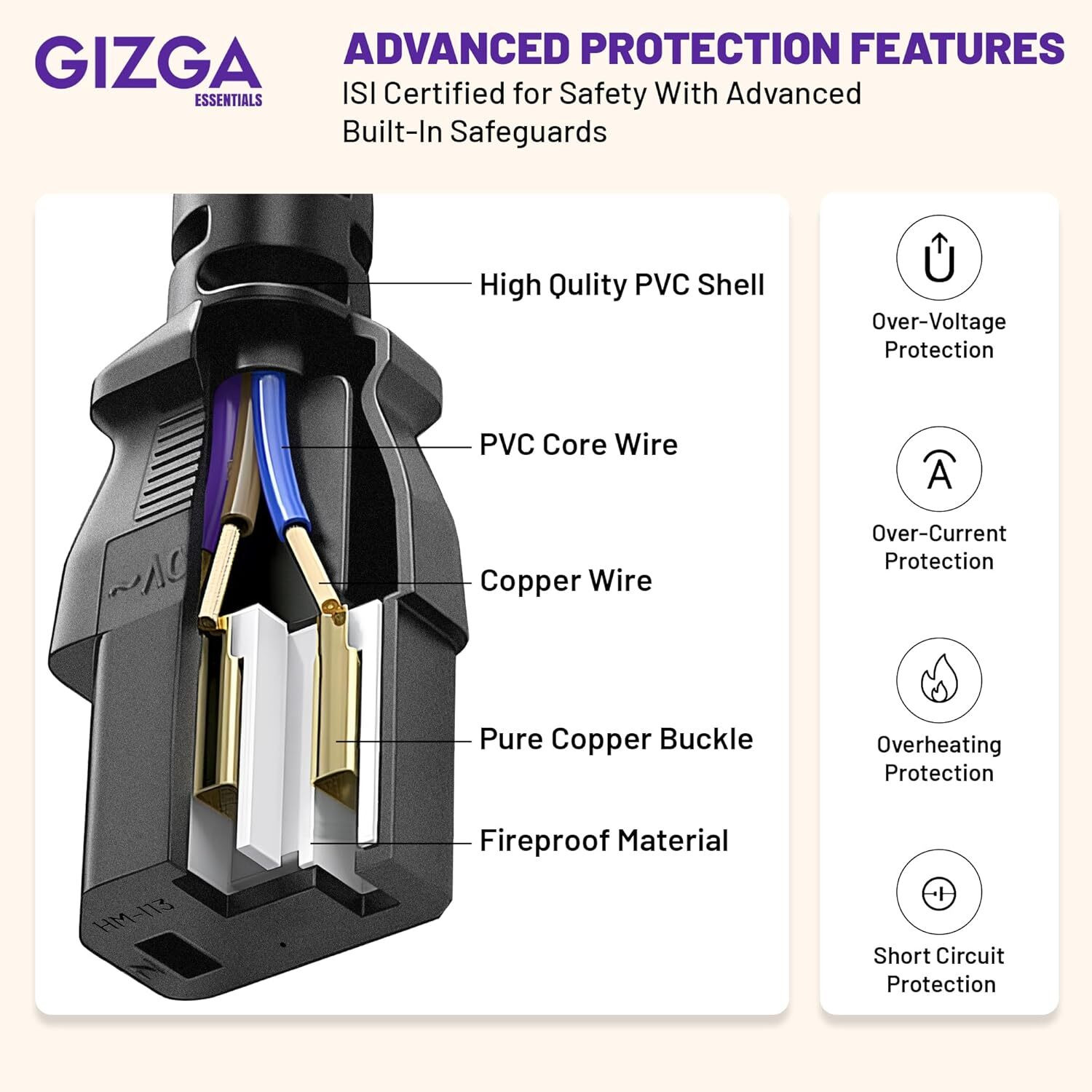 Image of Gizga Essentials Power Cord 1.8 m Universal 3 Pin Power Cord, ISI Certified, Copper Core for PC, TV, Printer