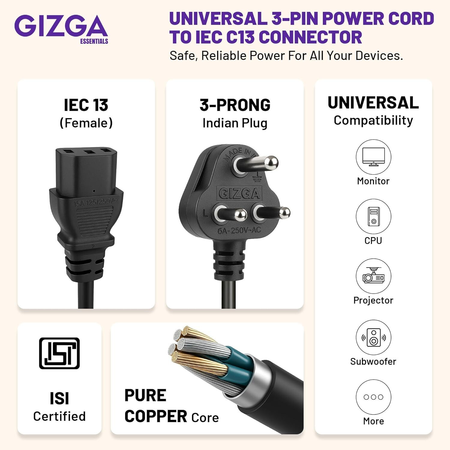 Image of Gizga Essentials Power Cord 1.8 m Universal 3 Pin Power Cord, ISI Certified, Copper Core for PC, TV, Printer