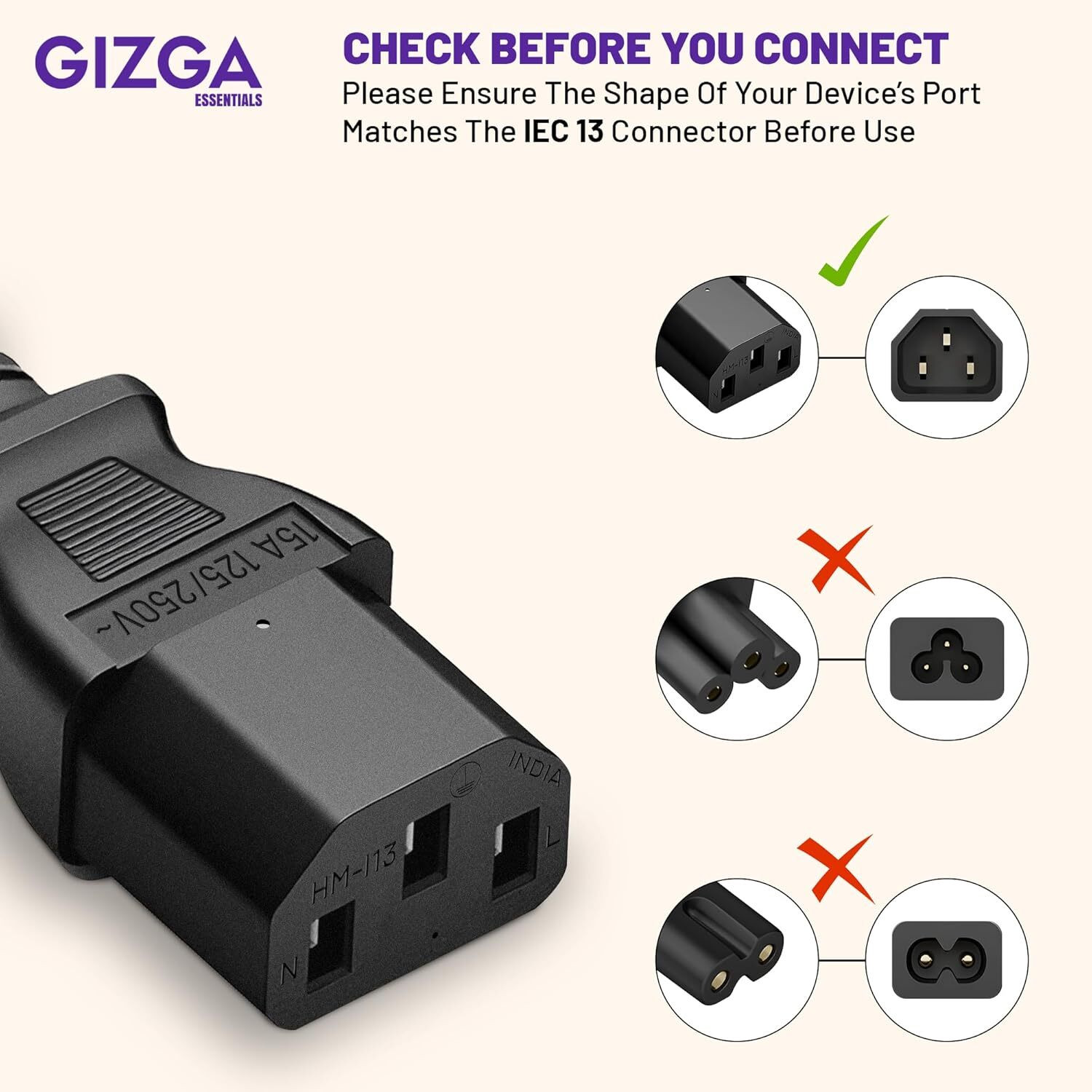 Image of Gizga Essentials Power Cord 1.8 m Universal 3 Pin Power Cord, ISI Certified, Copper Core for PC, TV, Printer