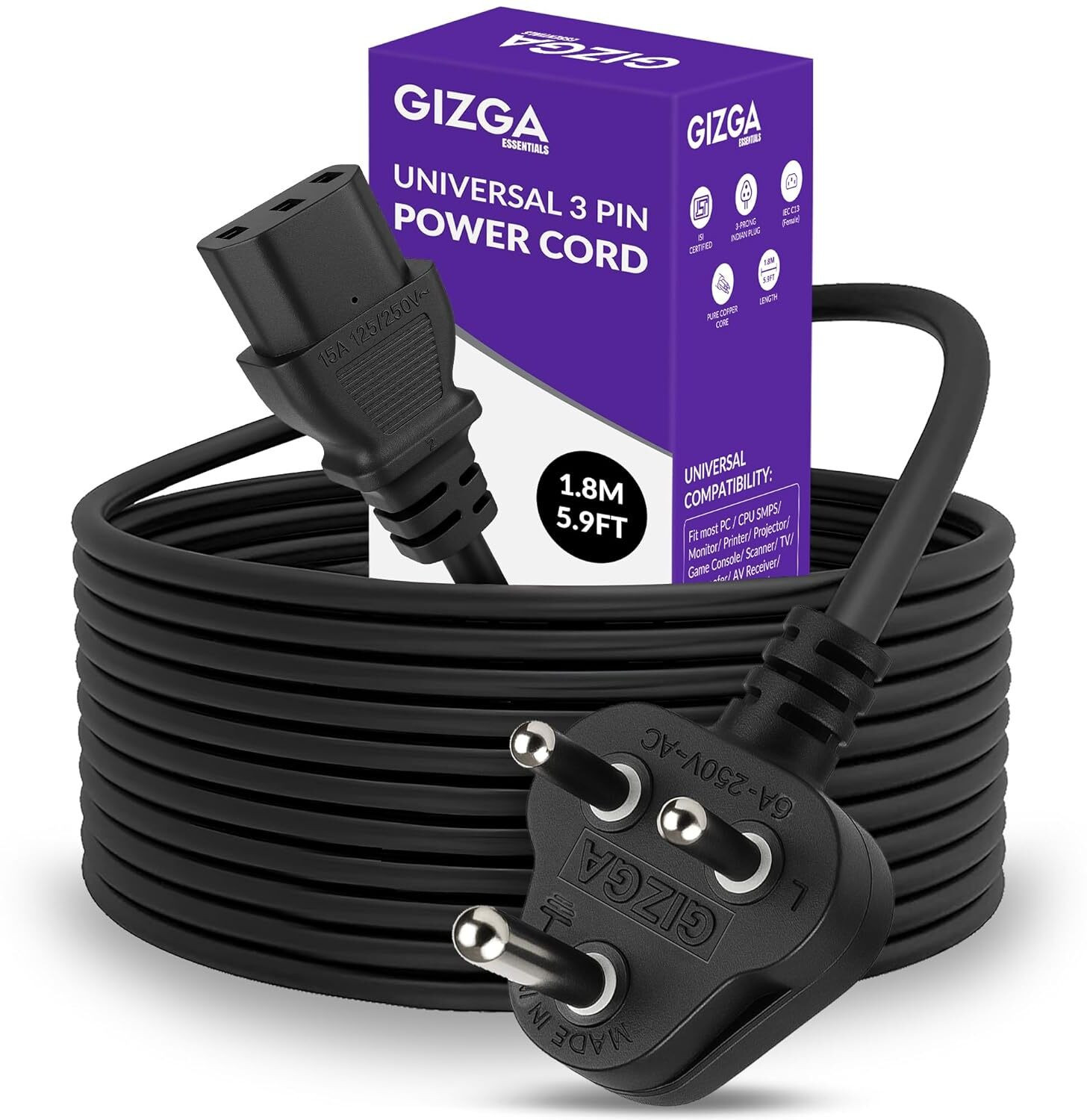 Image of Gizga Essentials Power Cord 1.8 m Universal 3 Pin Power Cord, ISI Certified, Copper Core for PC, TV, Printer