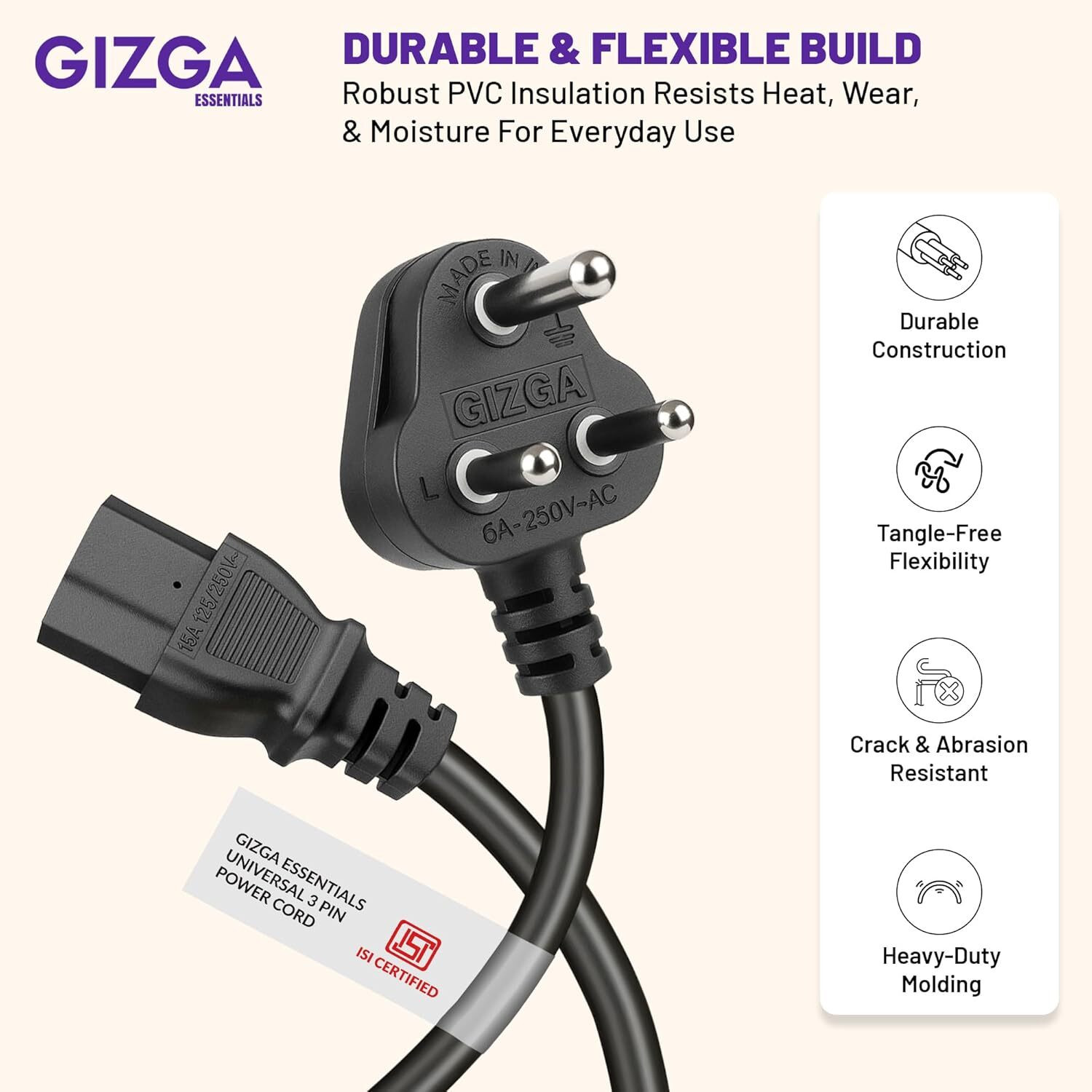 Image of Gizga Essentials Power Cord 1.8 m Universal 3 Pin Power Cord, ISI Certified, Copper Core for PC, TV, Printer