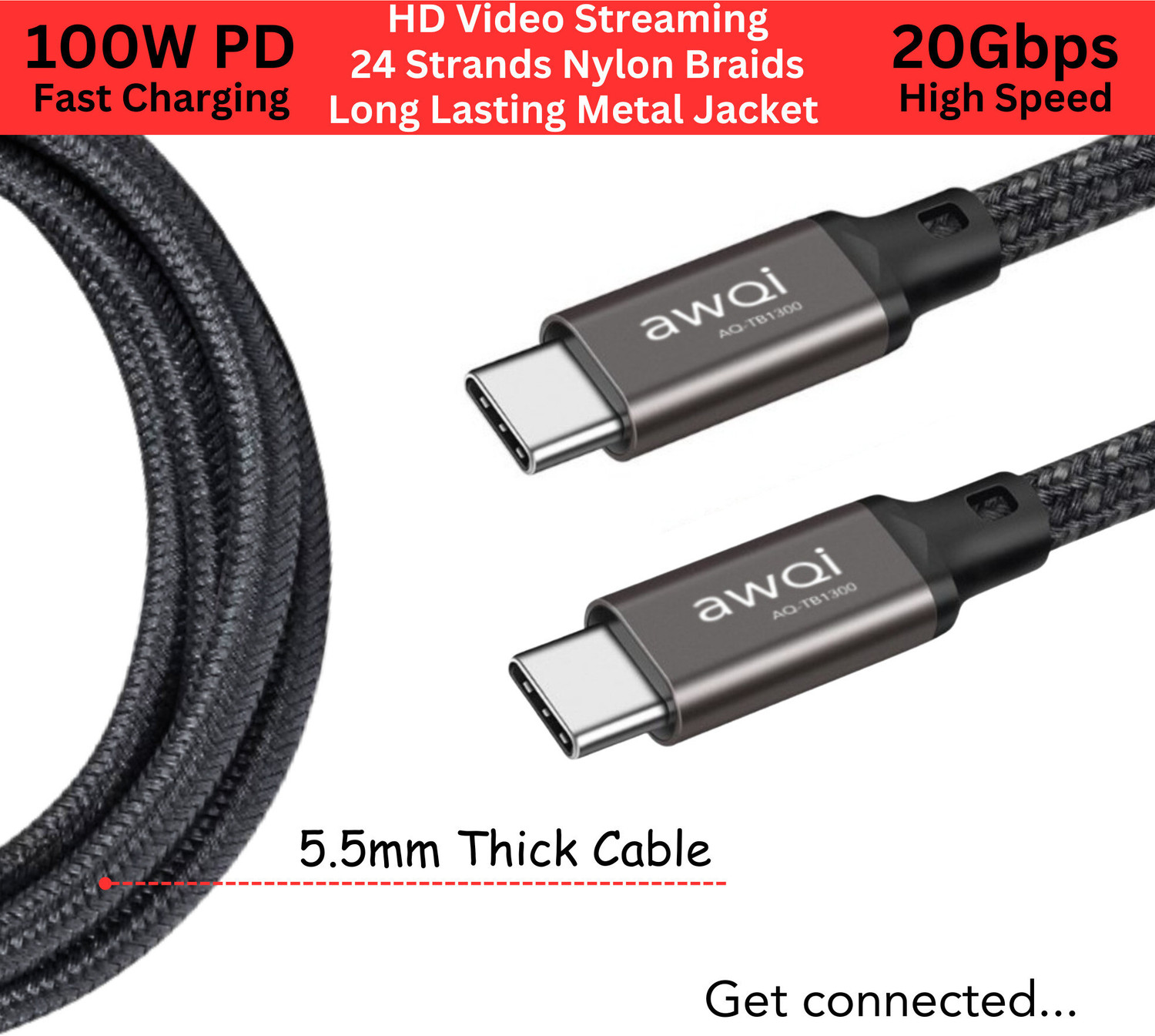 Image of awQi Thunderbolt Cable 5 A 1 m Type-C to Type-C USB4.0 Nylon Braided, 20Gbps Speed 4K60Hz Video Streaming 100W PD AQ TB1300