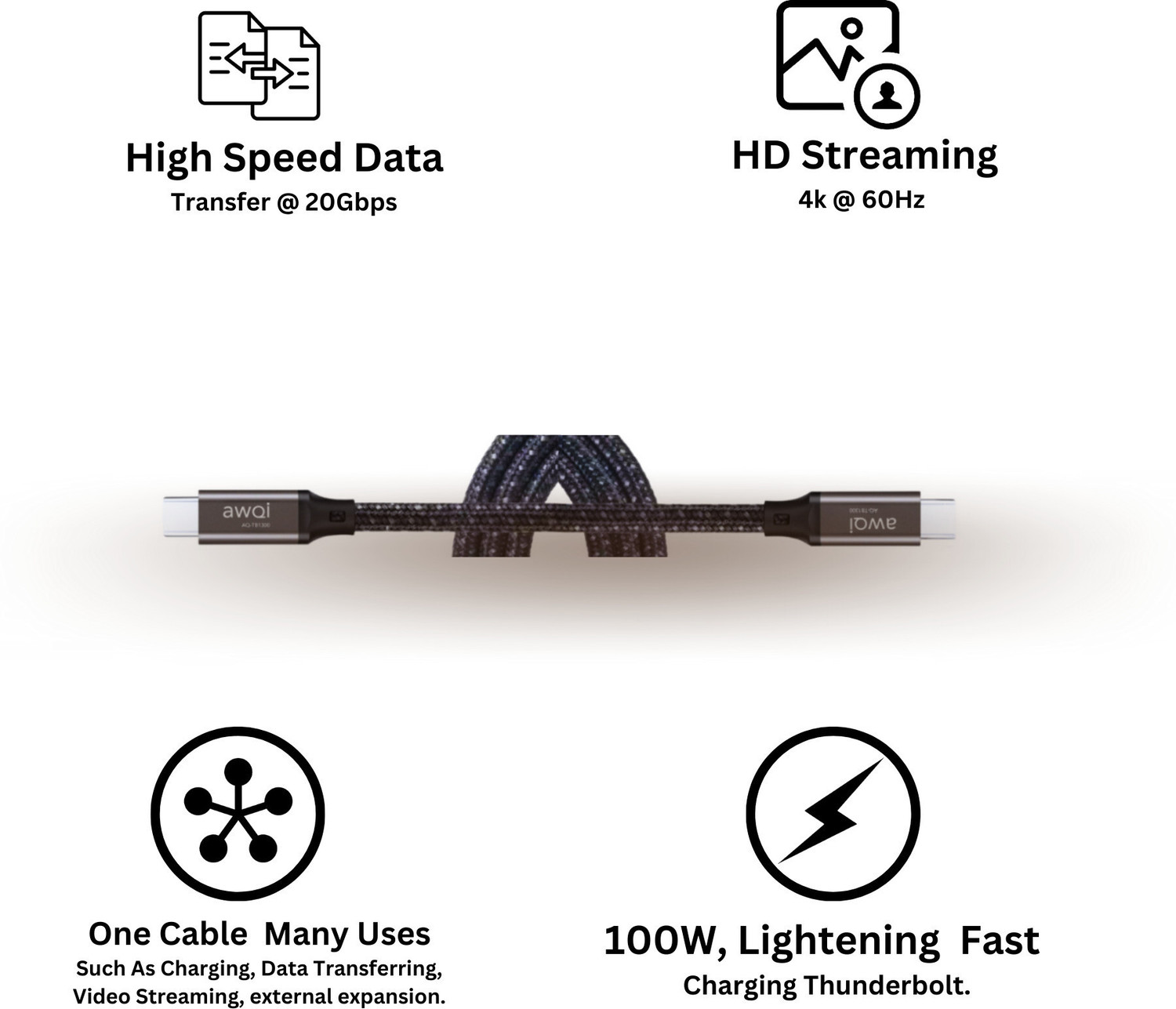 Image of awQi Thunderbolt Cable 5 A 1 m Type-C to Type-C USB4.0 Nylon Braided, 20Gbps Speed 4K60Hz Video Streaming 100W PD AQ TB1300