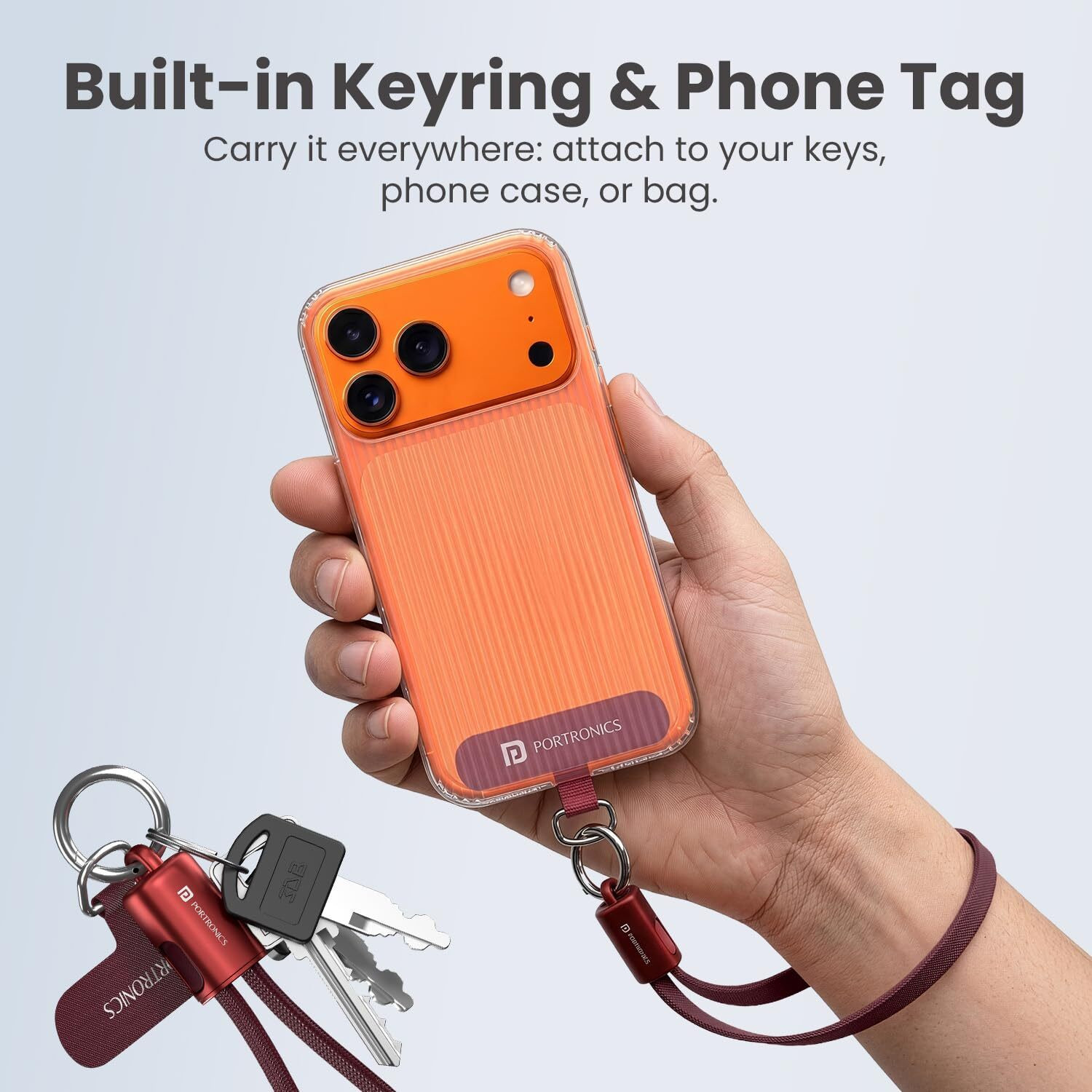 Image of Portronics Type C 3 A 0.3 m KeyLink C USB Keychain Cable, Type C to C 60W Fast Charging, 30CM (Compatible with Mobile, Power bank, Earbuds, Red, One Cable, USB Type C To USB Type C, 60 W)