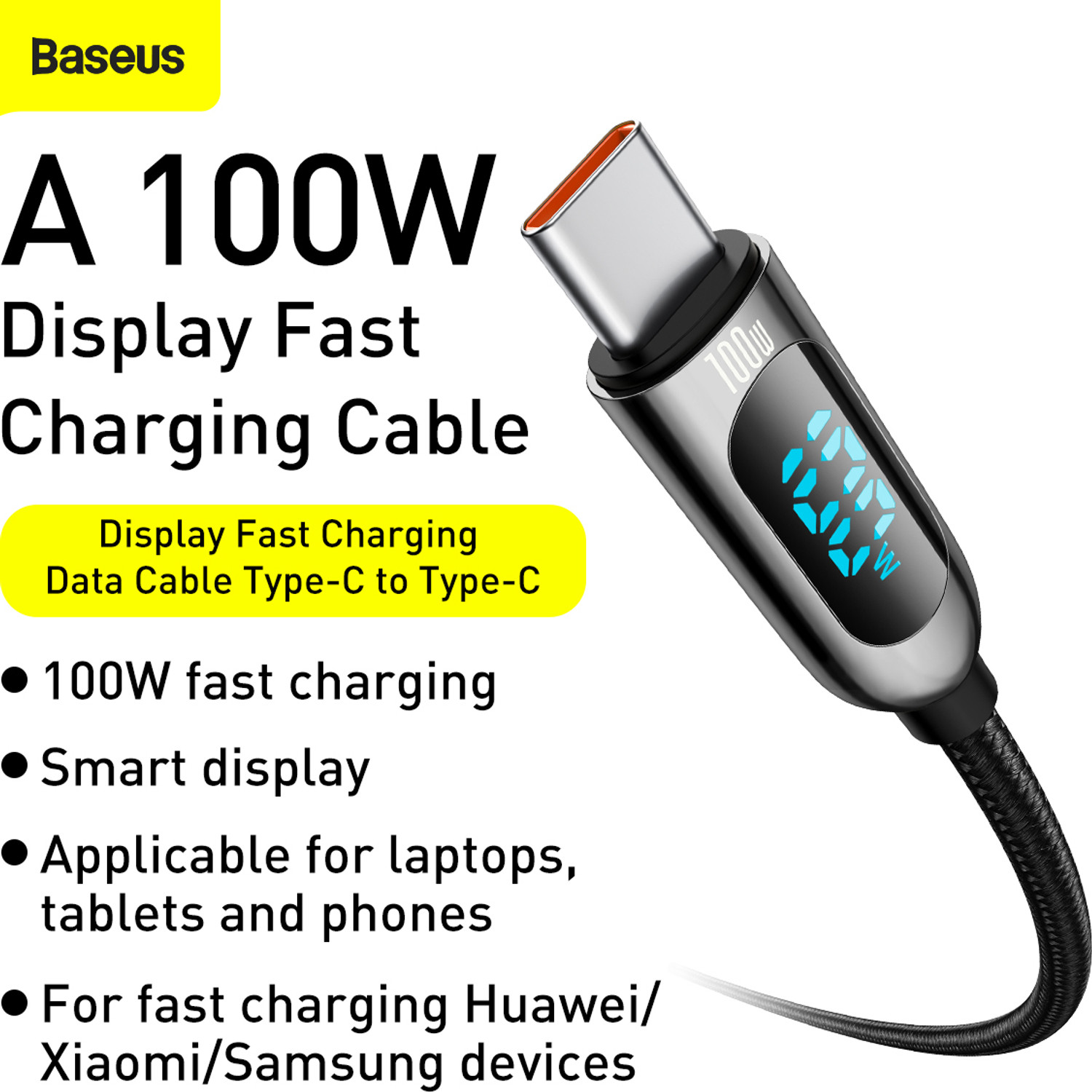 Image of Baseus Type C 1 m Display Fast Charging Data Cable 100W With Smart Indicator